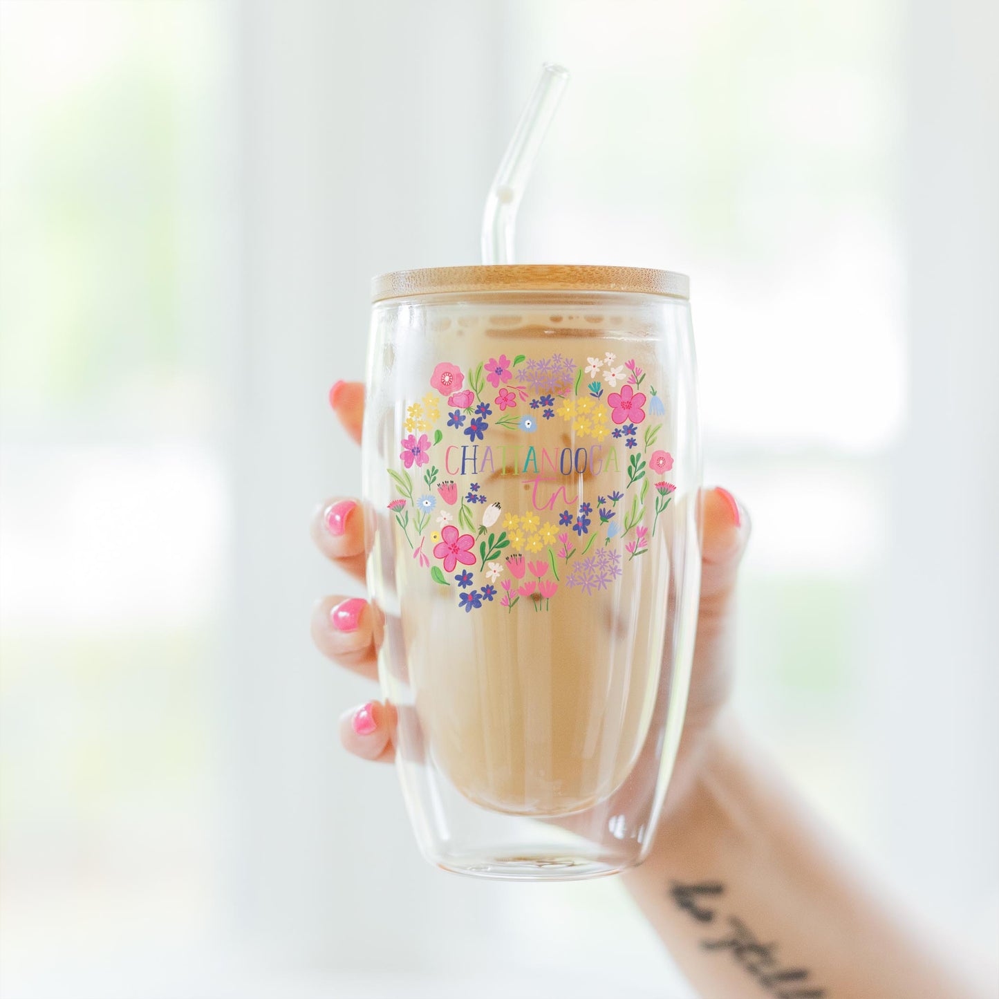 16oz Double Insulated Glass Tumbler-Flower Confetti City & State -3