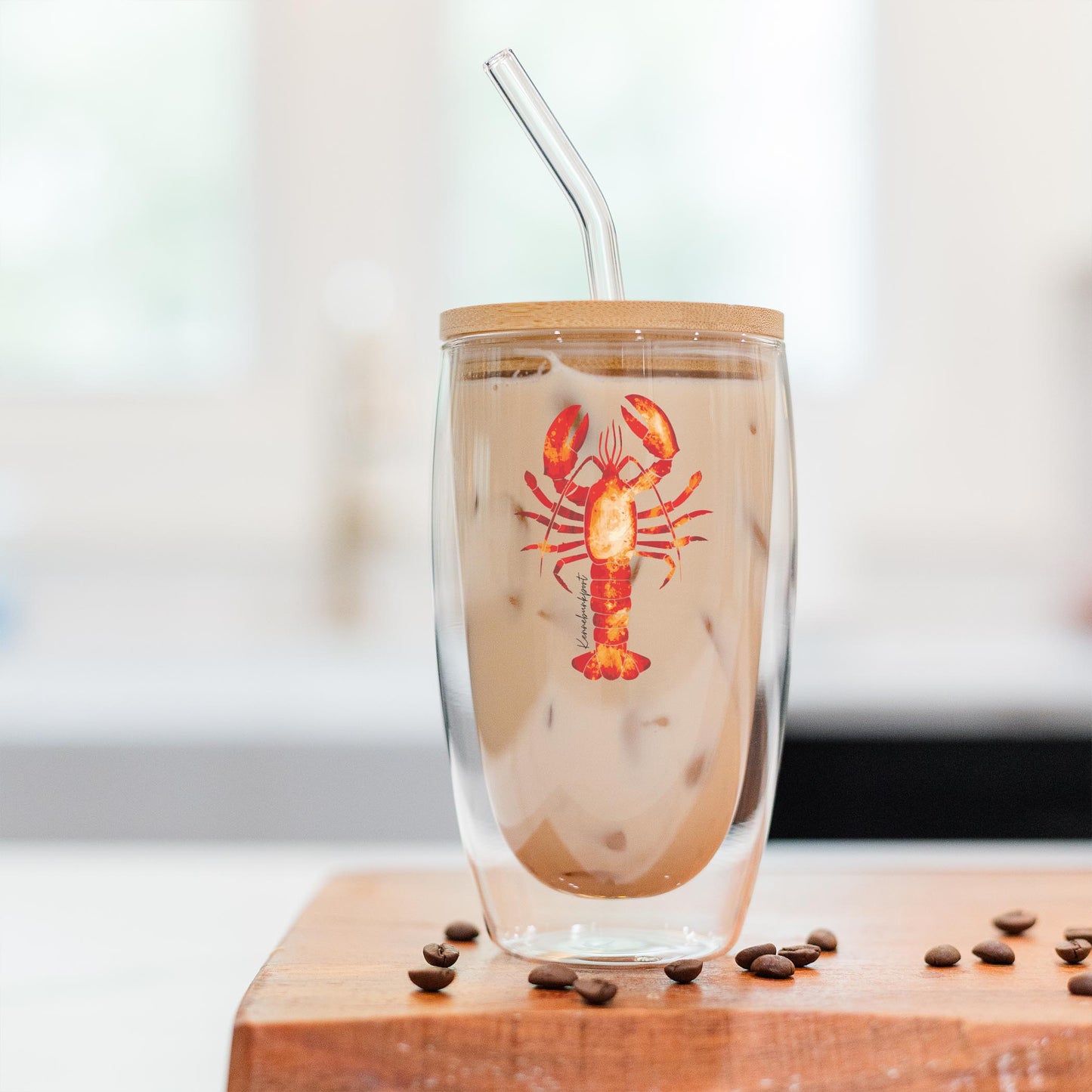 16oz Double Insulated Glass Tumbler-Kennebunkport Maine Orange Lobster