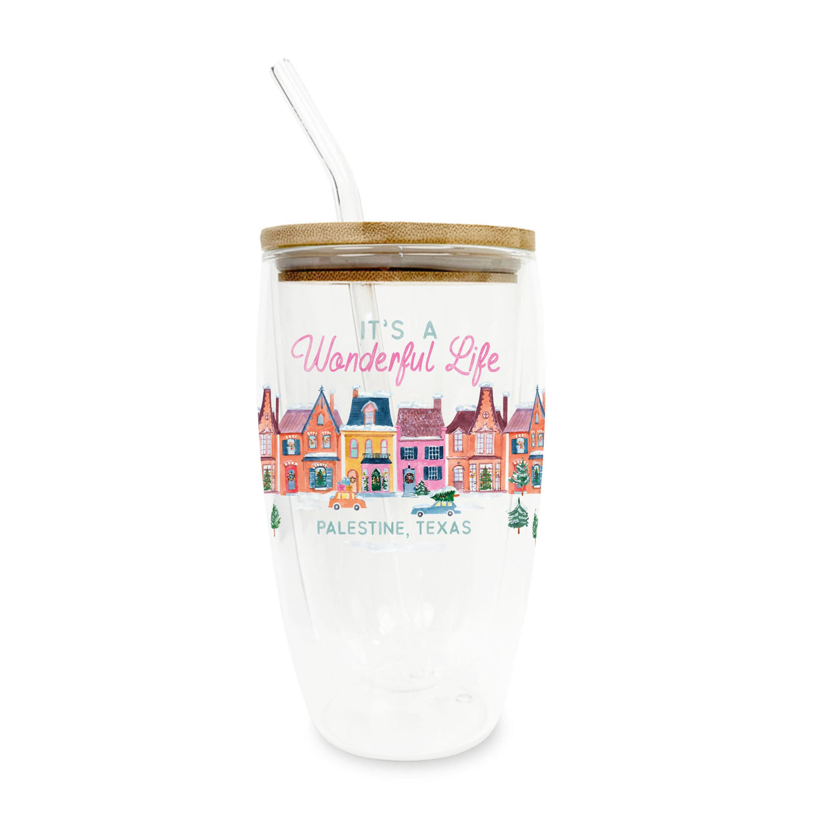 16oz Double Insulated Glass Tumbler-It's A Wonderful Life Palestine Texas -0