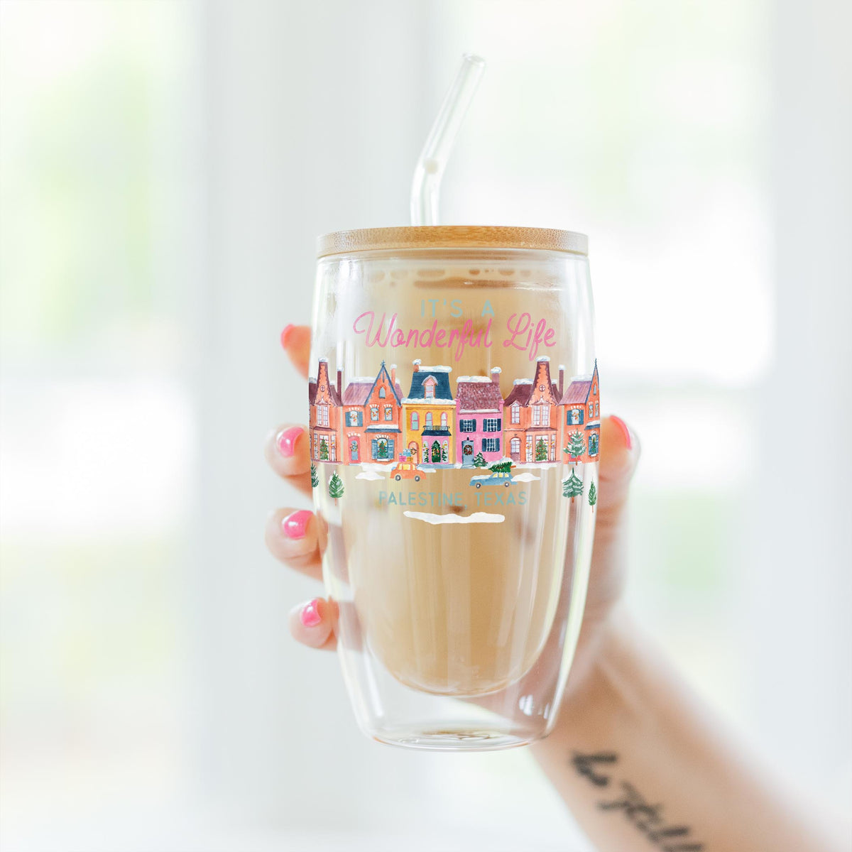 16oz Double Insulated Glass Tumbler-It's A Wonderful Life Palestine Texas -3