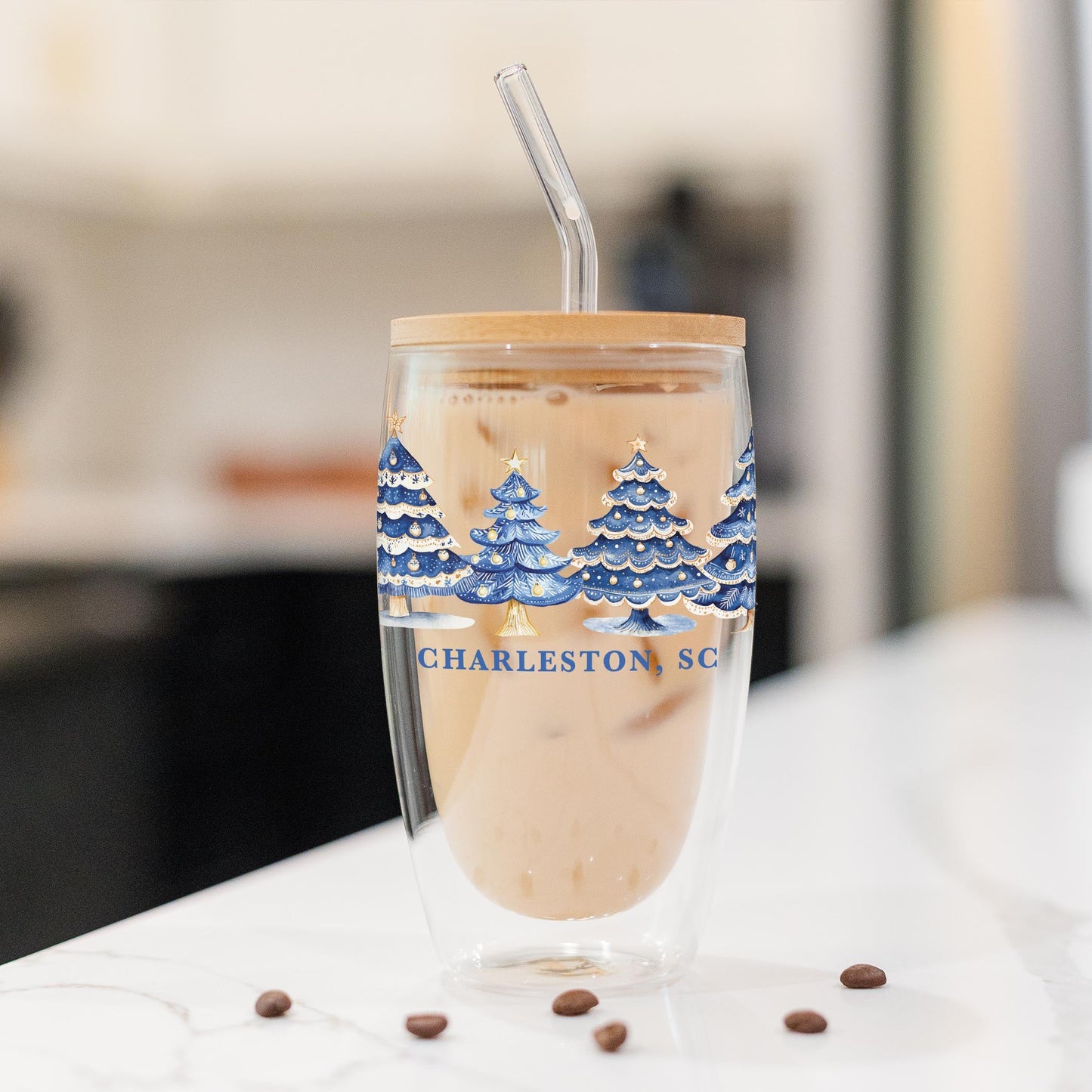 16oz Double Insulated Glass Tumbler-Love+Local Blue Noel - A Grand Millennial Christmas