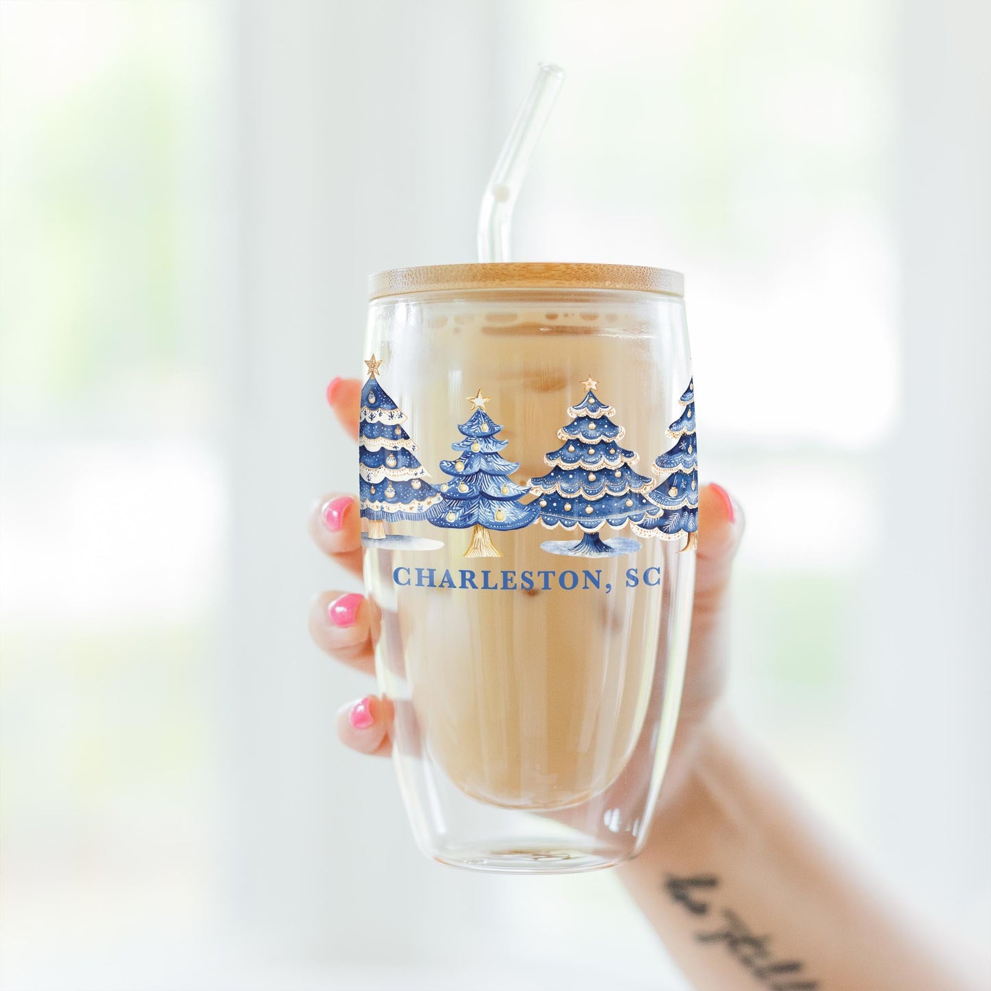 16oz Double Insulated Glass Tumbler-Love+Local Blue Noel - A Grand Millennial Christmas