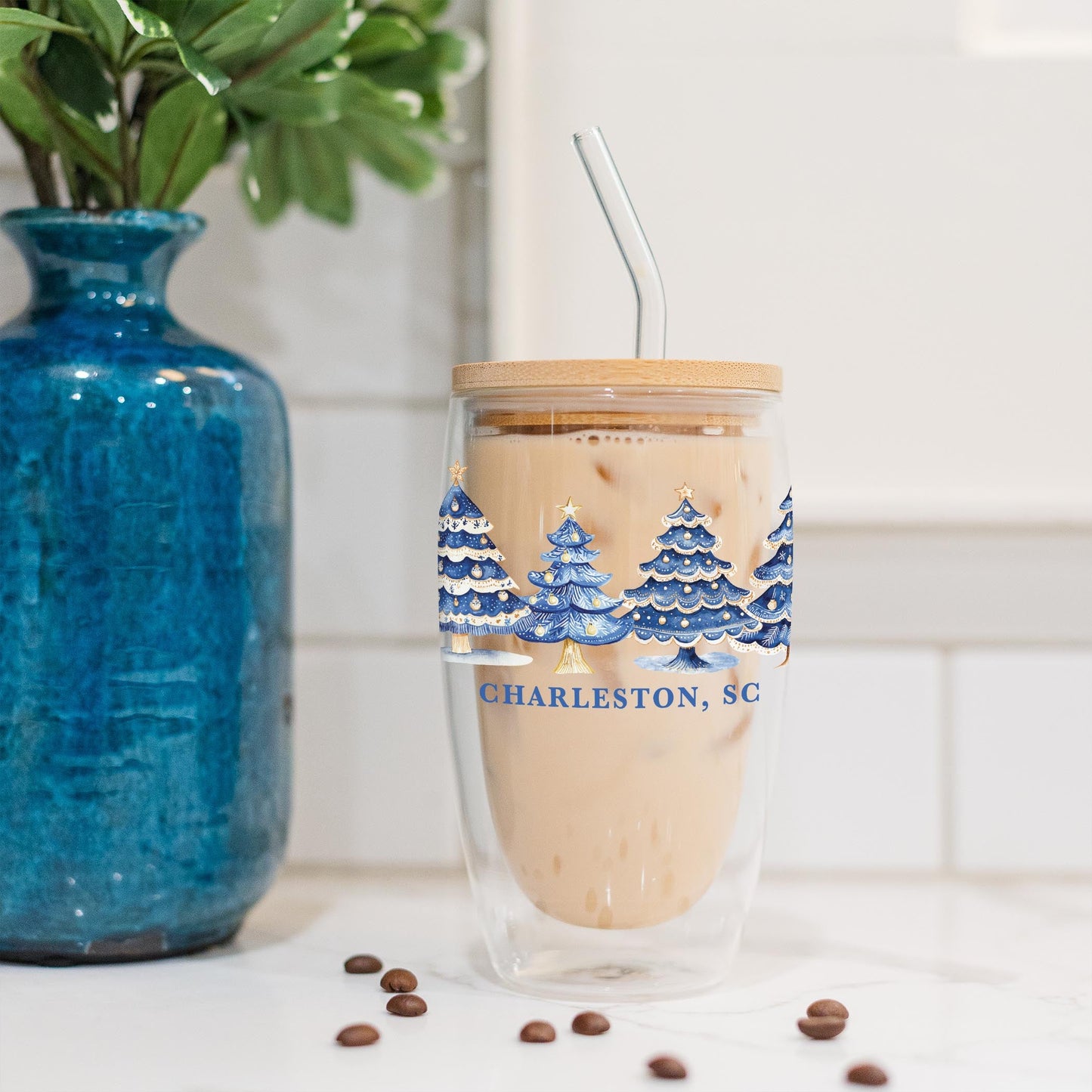 16oz Double Insulated Glass Tumbler-Love+Local Blue Noel - A Grand Millennial Christmas