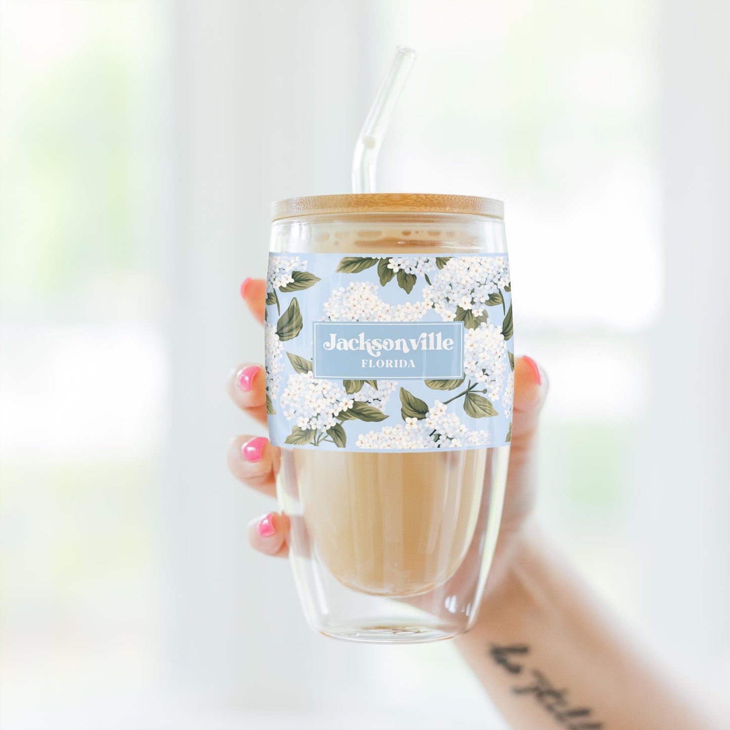 16oz Double Insulated Glass Tumbler-Love+Local Hydrangea Cottage -3