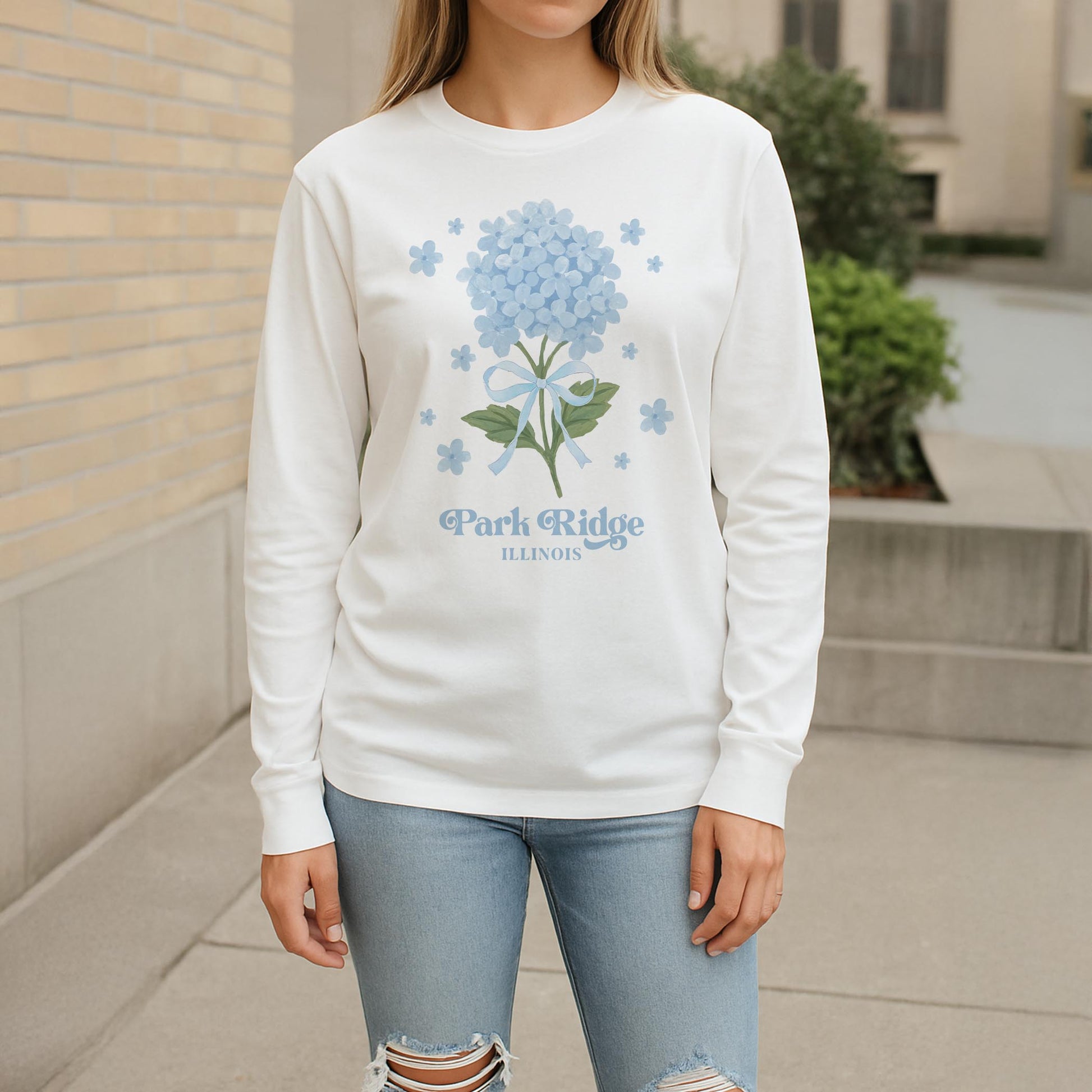 Long Sleeve T-Shirt White-Hydrangea Cottage Park Ridge Illinois -2