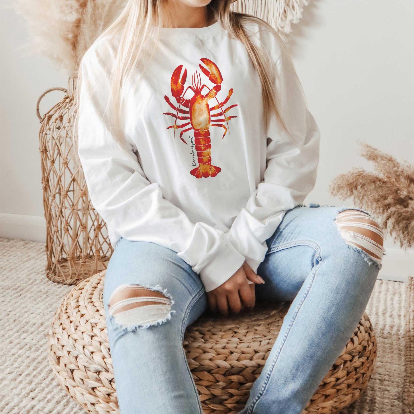 Long Sleeve T-Shirt White-Kennebunkport Maine Orange Lobster