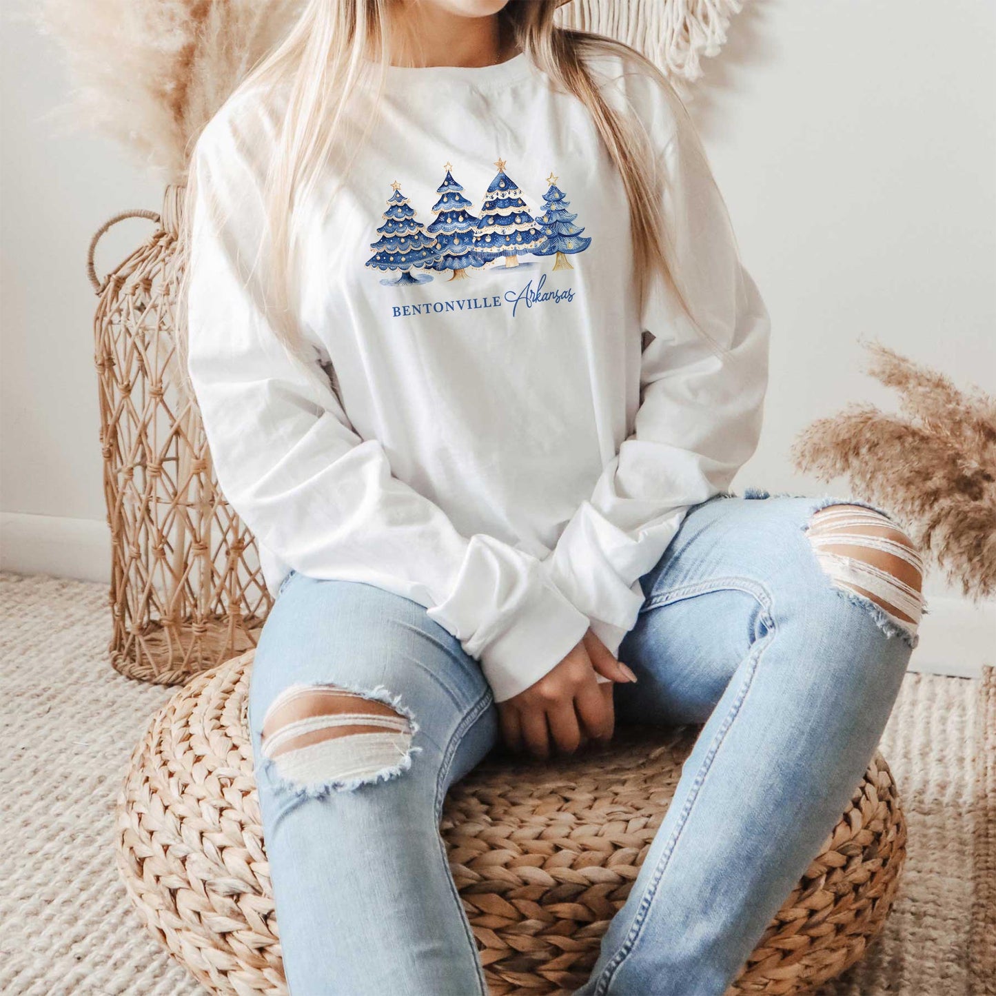 Long Sleeve T-Shirt White-Love+Local Blue Noel - A Grand Millennial Christmas