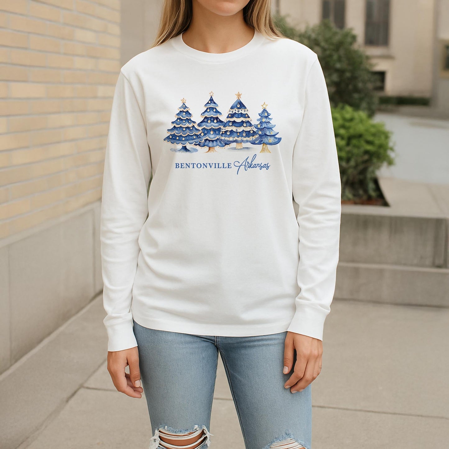 Long Sleeve T-Shirt White-Love+Local Blue Noel - A Grand Millennial Christmas