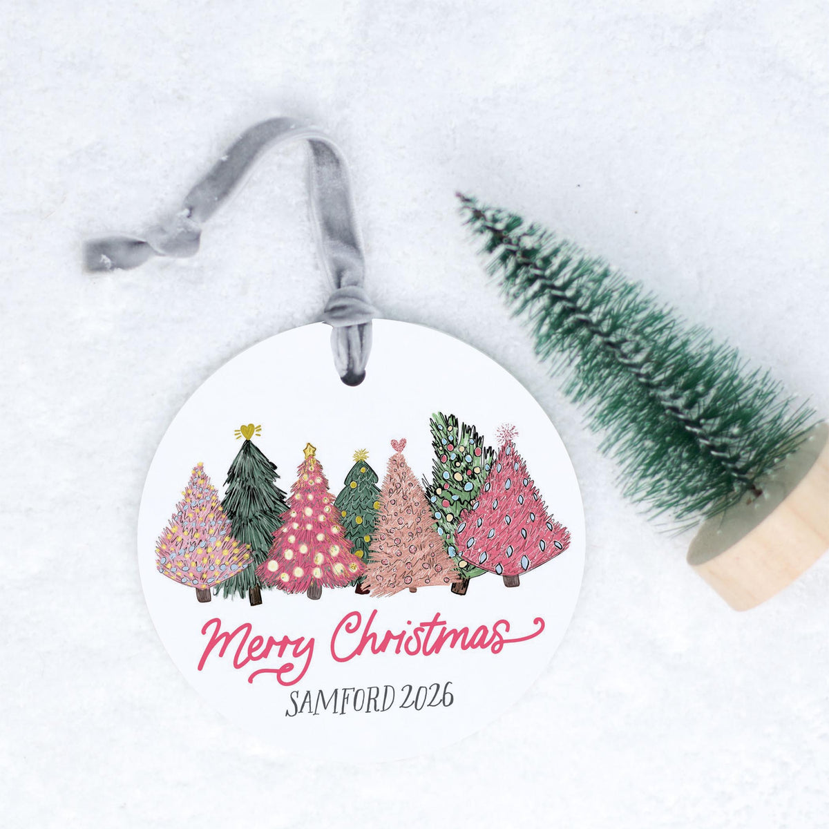 4" Round Ornament Silver Ribbon-Pink Trees Samford 2026 -0