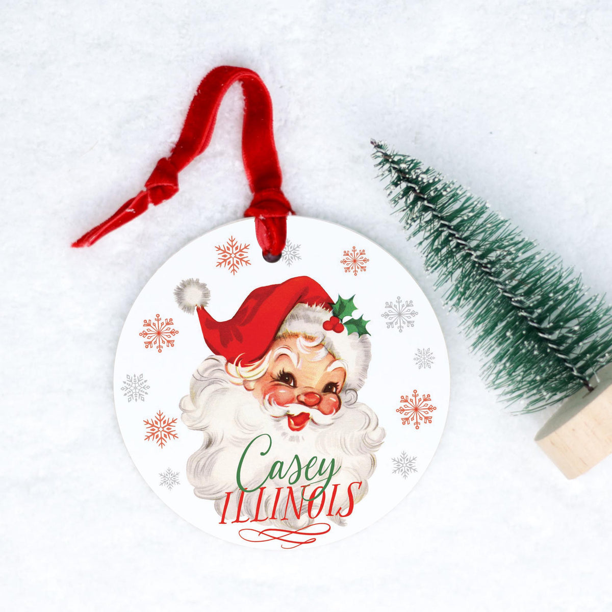4" Round Ornament Red Ribbon-Classic Santa Casey Illinois -0