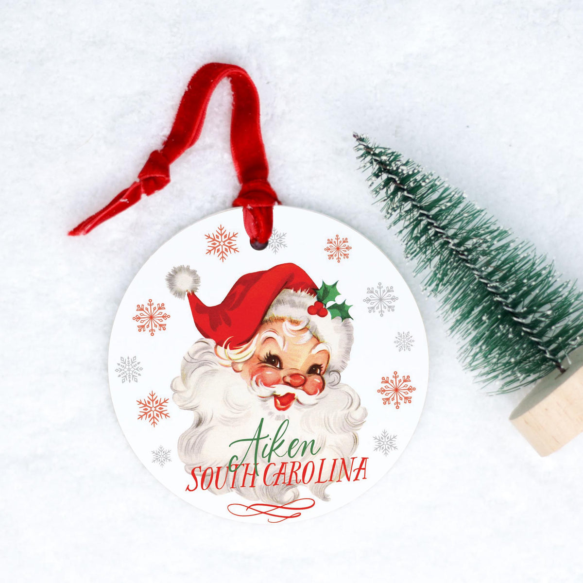 4" Round Ornament Red Ribbon-Classic Santa Aiken South Carolina -0