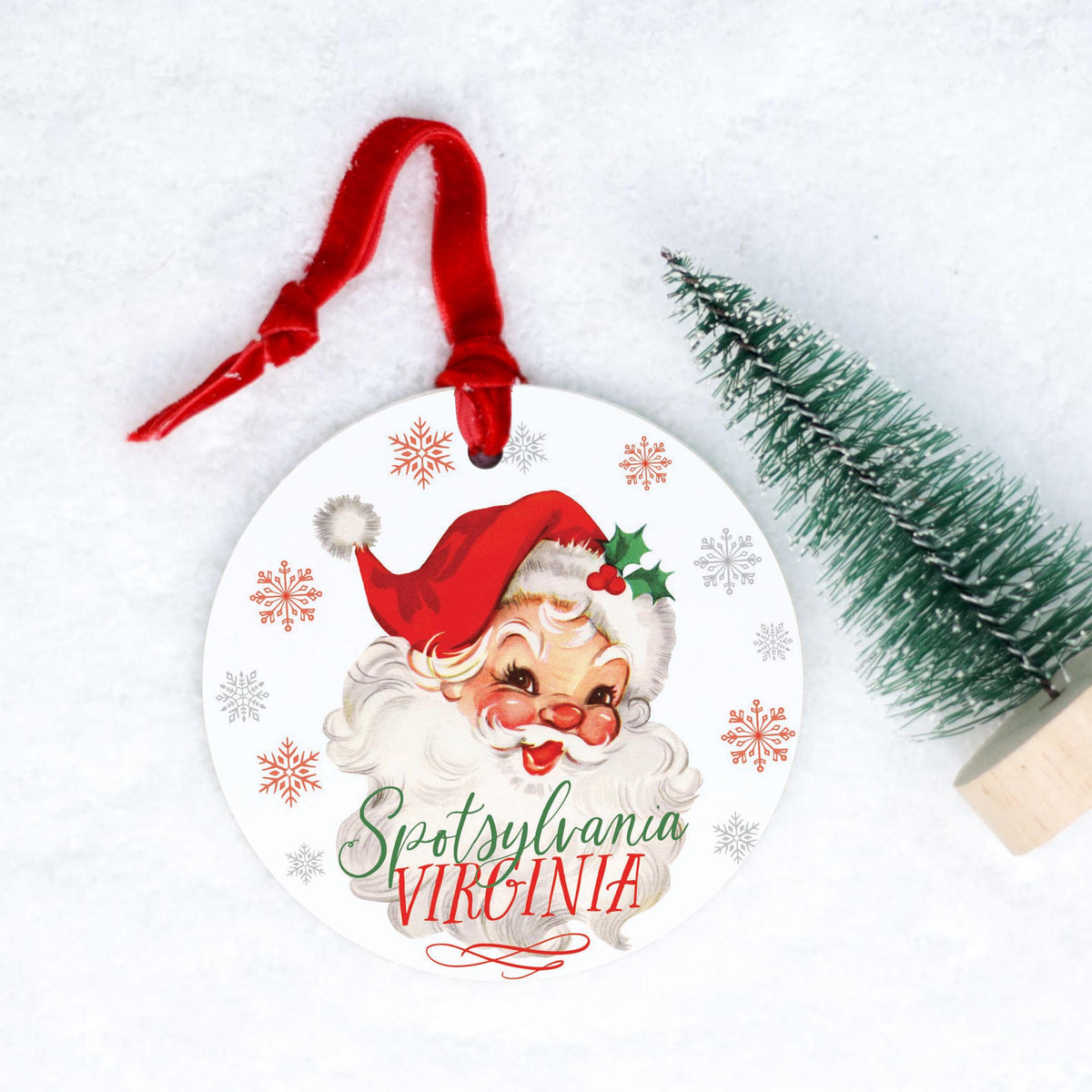 4" Round Ornament Red Ribbon-Classic Santa Spotsylvania Virginia -0