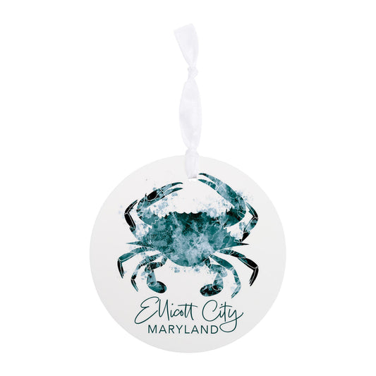 4" Round Ornament White Ribbon-Watercolor Blue Crab Ellicott City Maryland -0