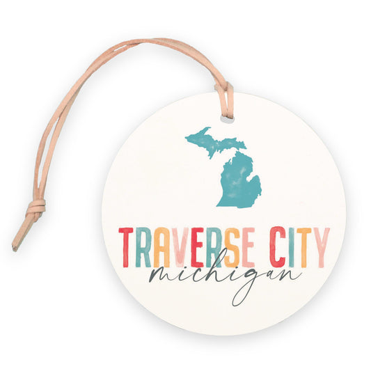 4" Round Ornament-Watercolor City Traverse City Michigan -0