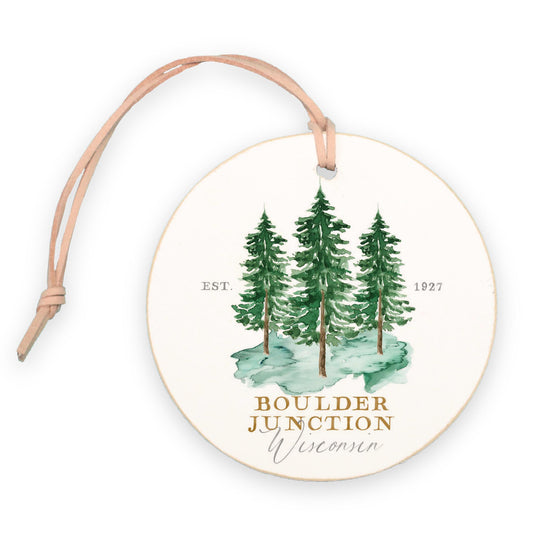 4" Round Ornament-Watercolor Tree Trio Boulder Junction Wisconsin