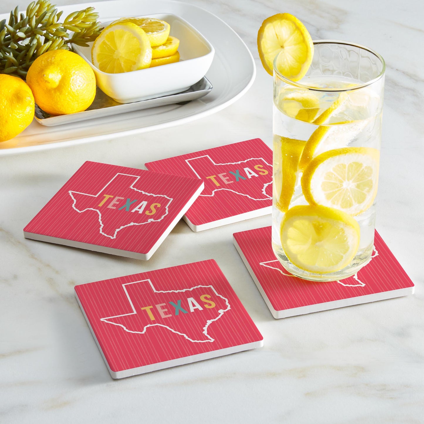 Ceramic Square Coaster 4-Set-Boho Color Pink Texas
