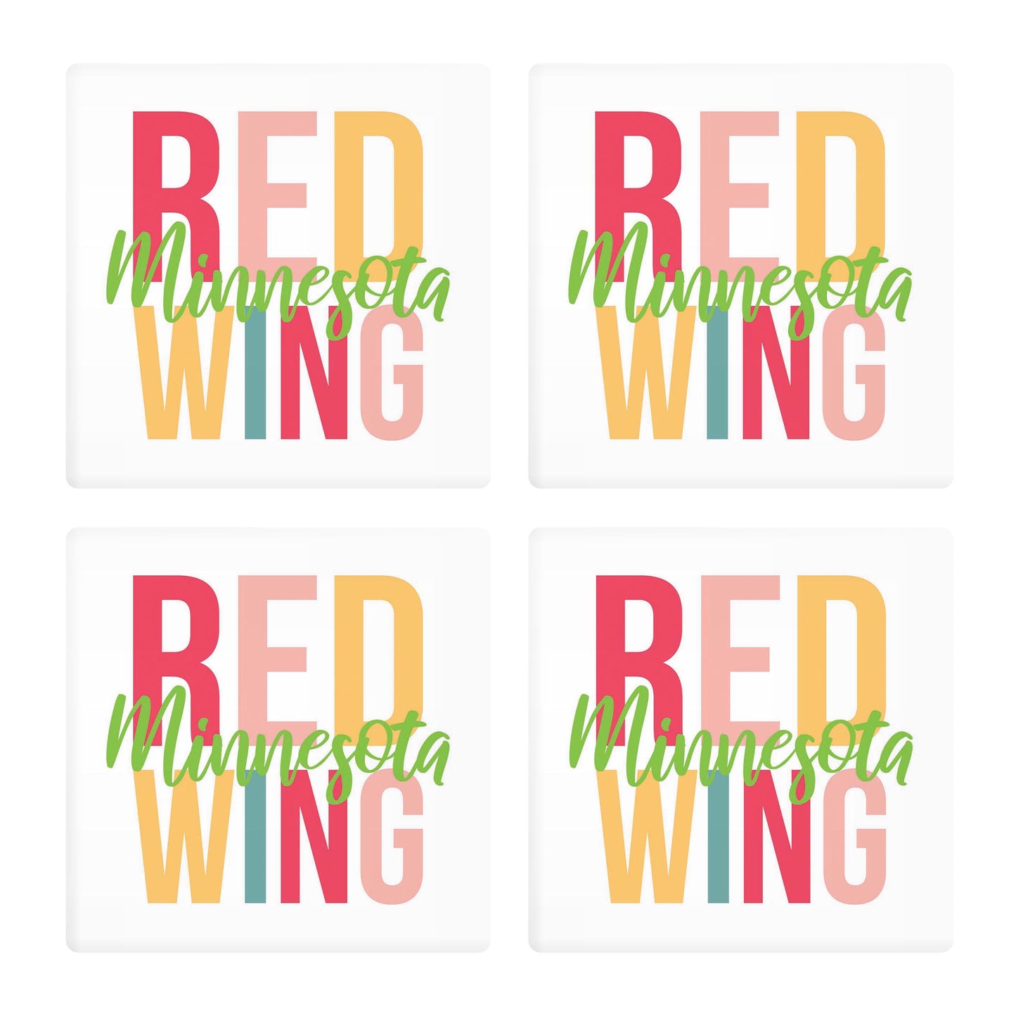 Ceramic Square Coaster 4-Set-Bright Boho Red Wing Minnesota -0