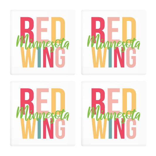 Ceramic Square Coaster 4-Set-Bright Boho Red Wing Minnesota -0