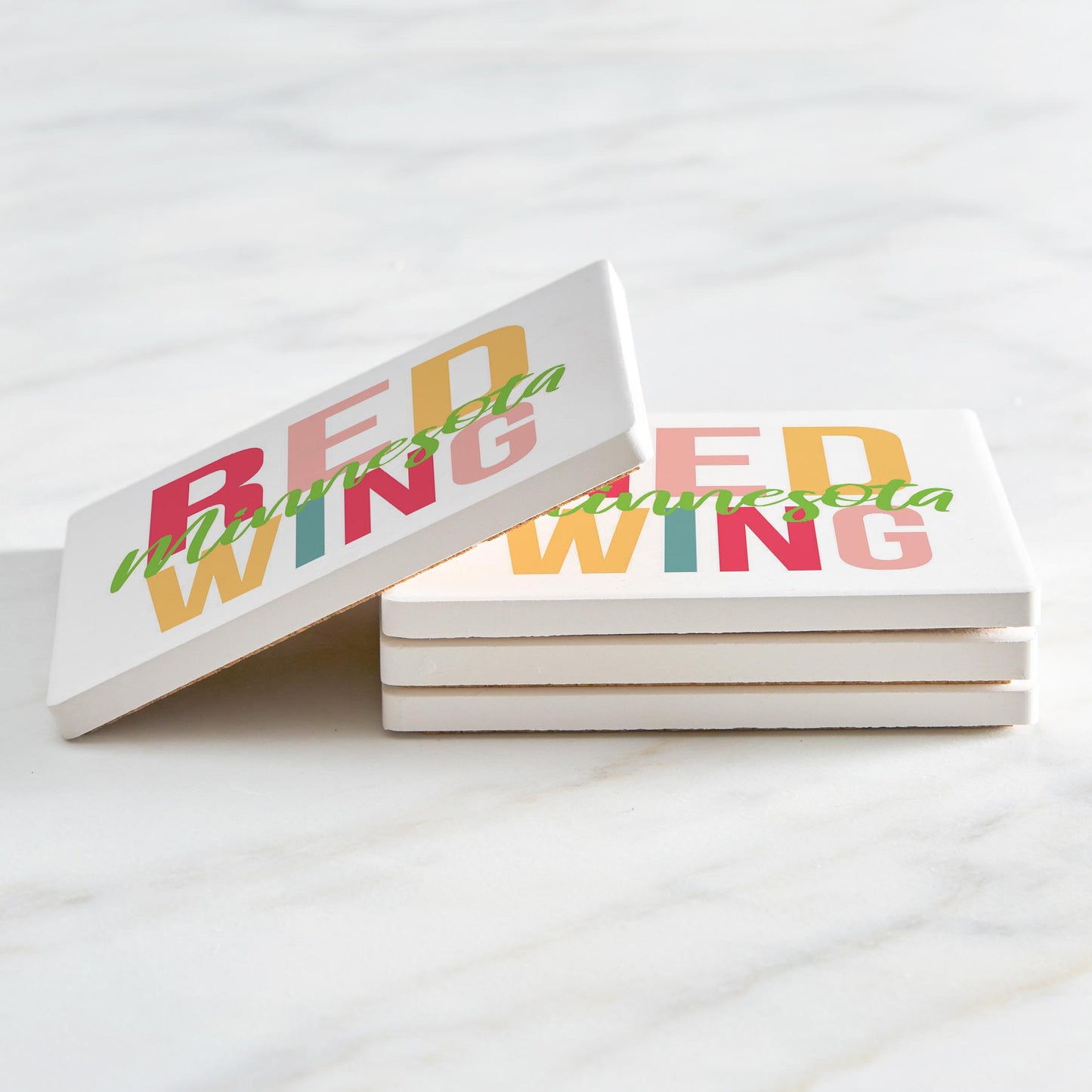 Ceramic Square Coaster 4-Set-Bright Boho Red Wing Minnesota -2