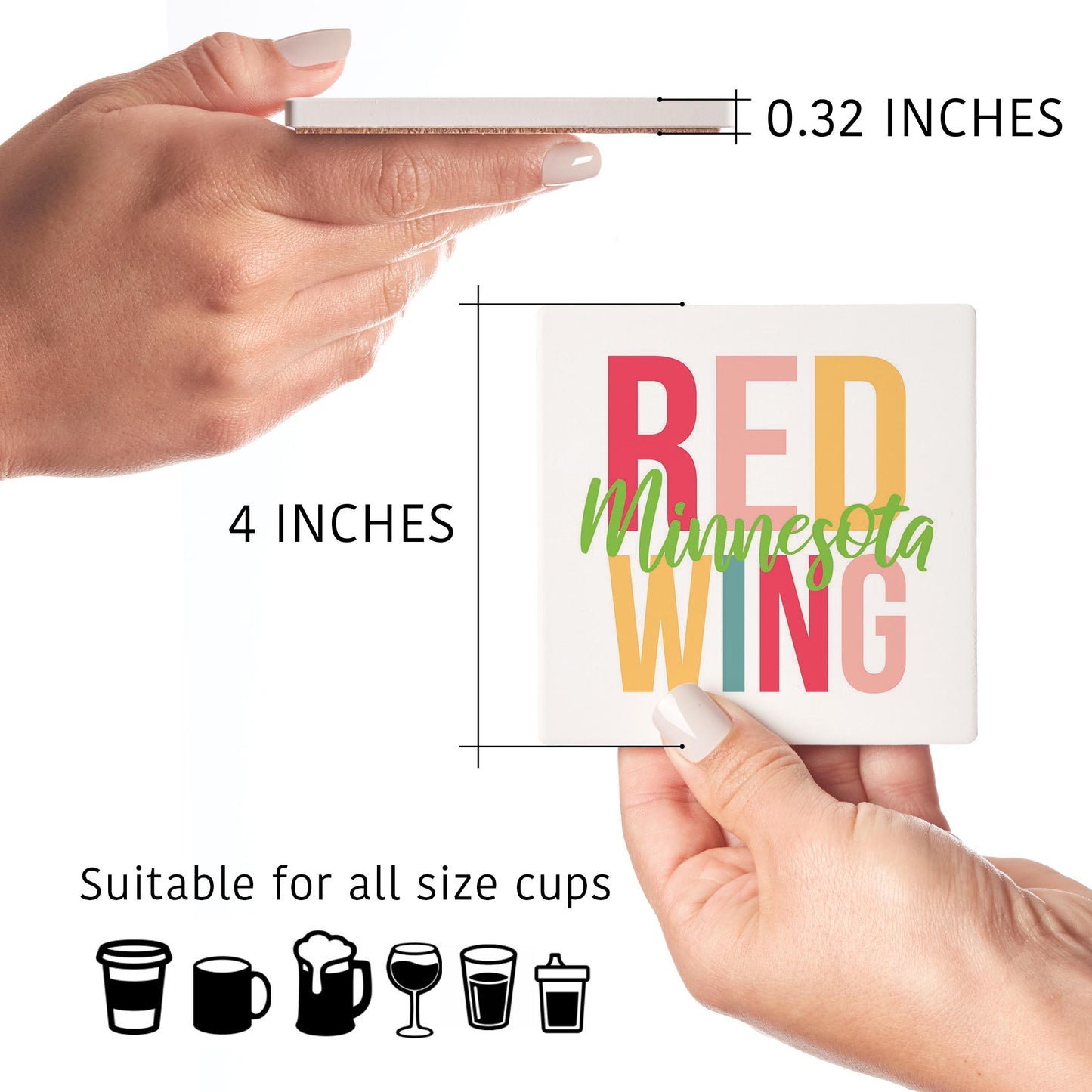 Ceramic Square Coaster 4-Set-Bright Boho Red Wing Minnesota -4