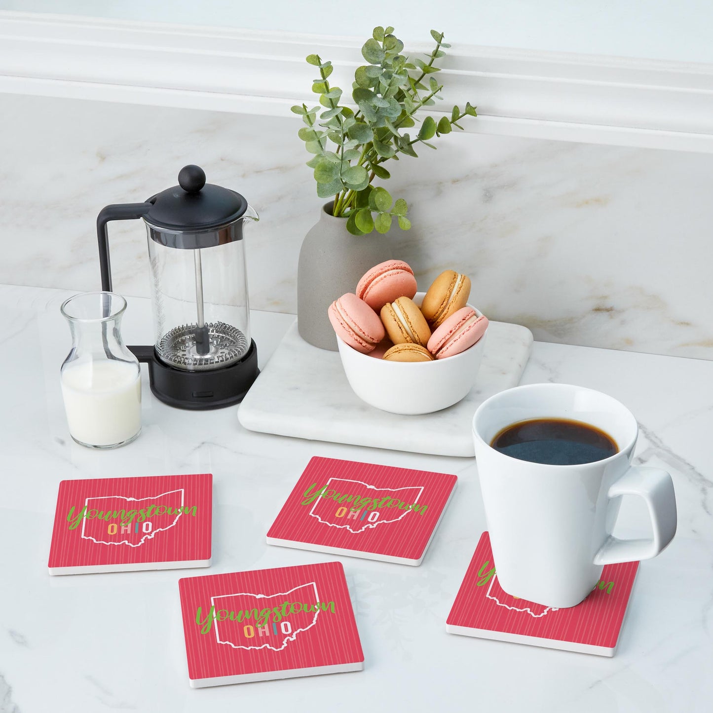 Ceramic Square Coaster 4-Set-Bright Boho Pink Youngstown Ohio