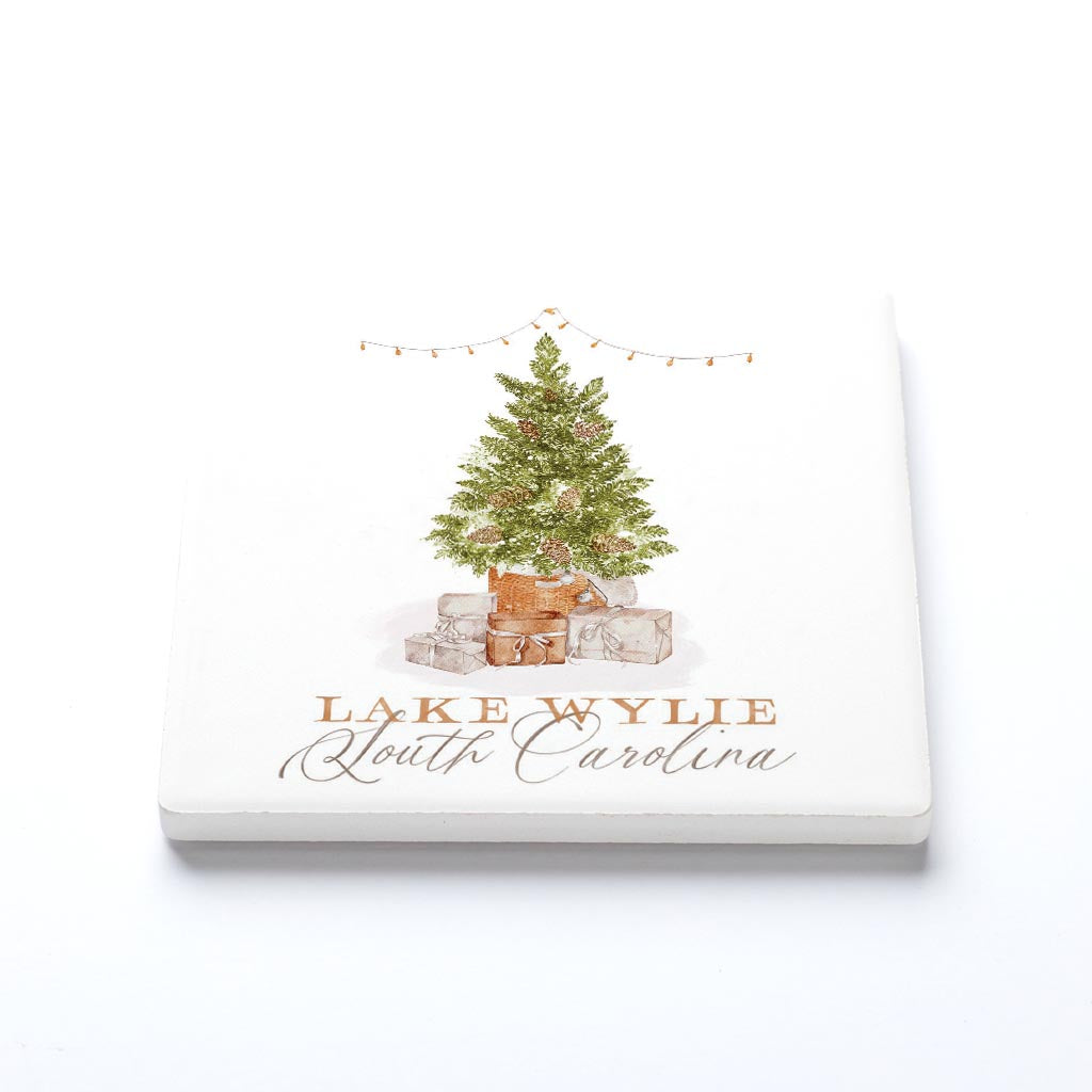 Ceramic Square Coaster-Cottage Tree Lake Wylie South Carolina -1