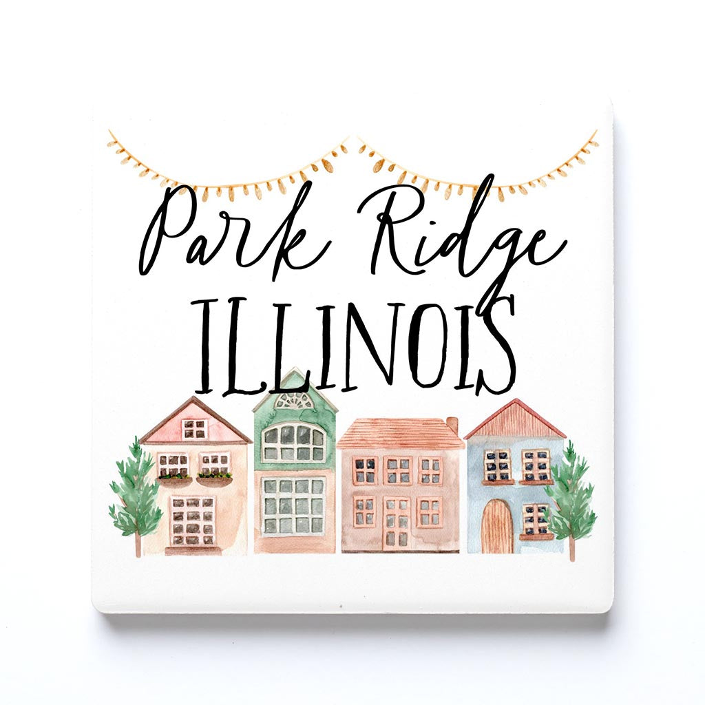 Ceramic Square Coaster-Watercolor Homes Park Ridge Illinois -0