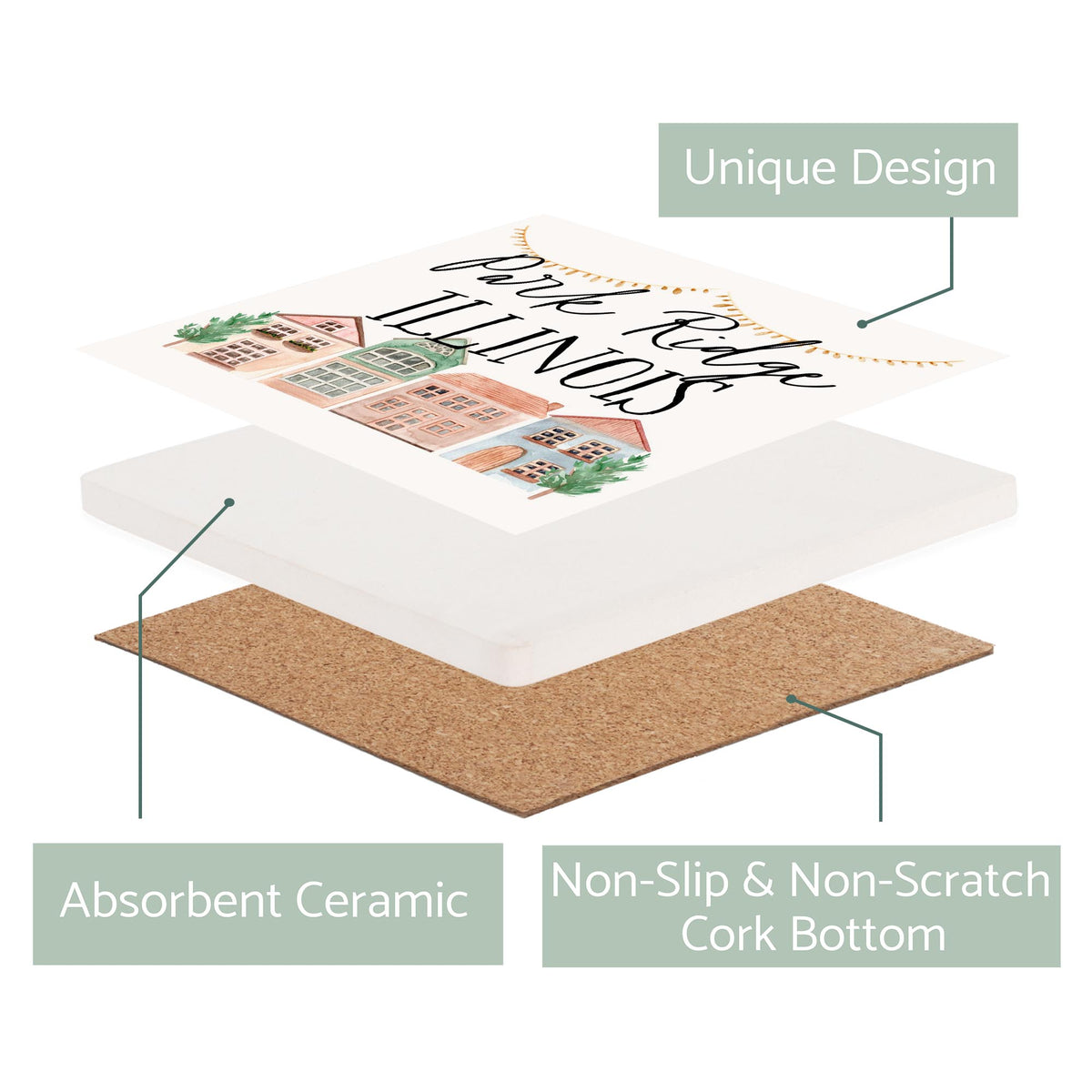 Ceramic Square Coaster-Watercolor Homes Park Ridge Illinois -2