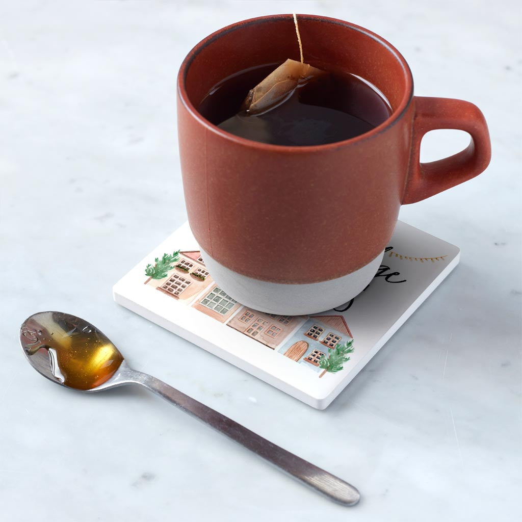 Ceramic Square Coaster-Watercolor Homes Park Ridge Illinois -4