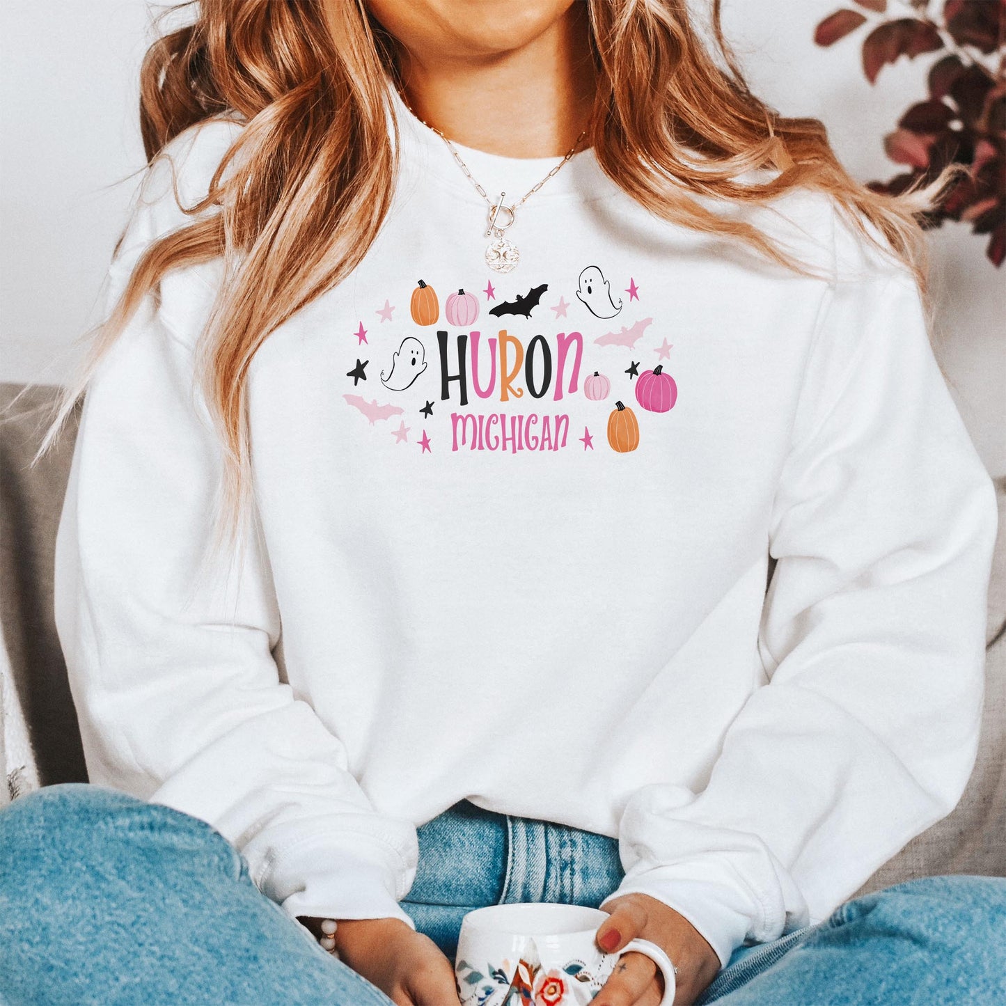 Gildan Sweatshirt White-Happy Ghost Huron Michigan