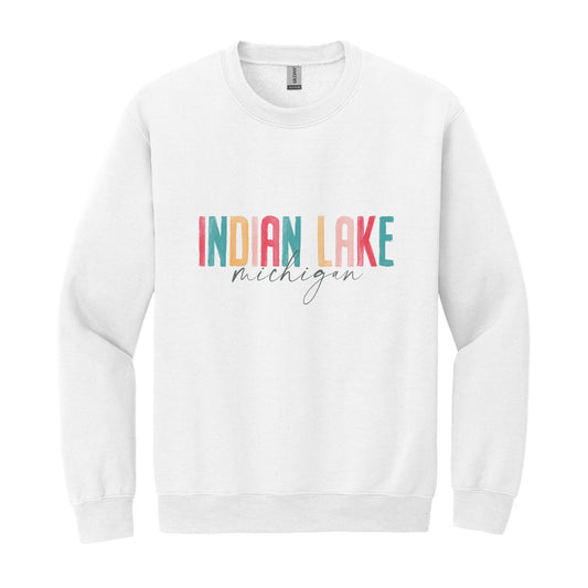 Gildan Sweatshirt White-Watercolor City Indian Lake Michigan -0
