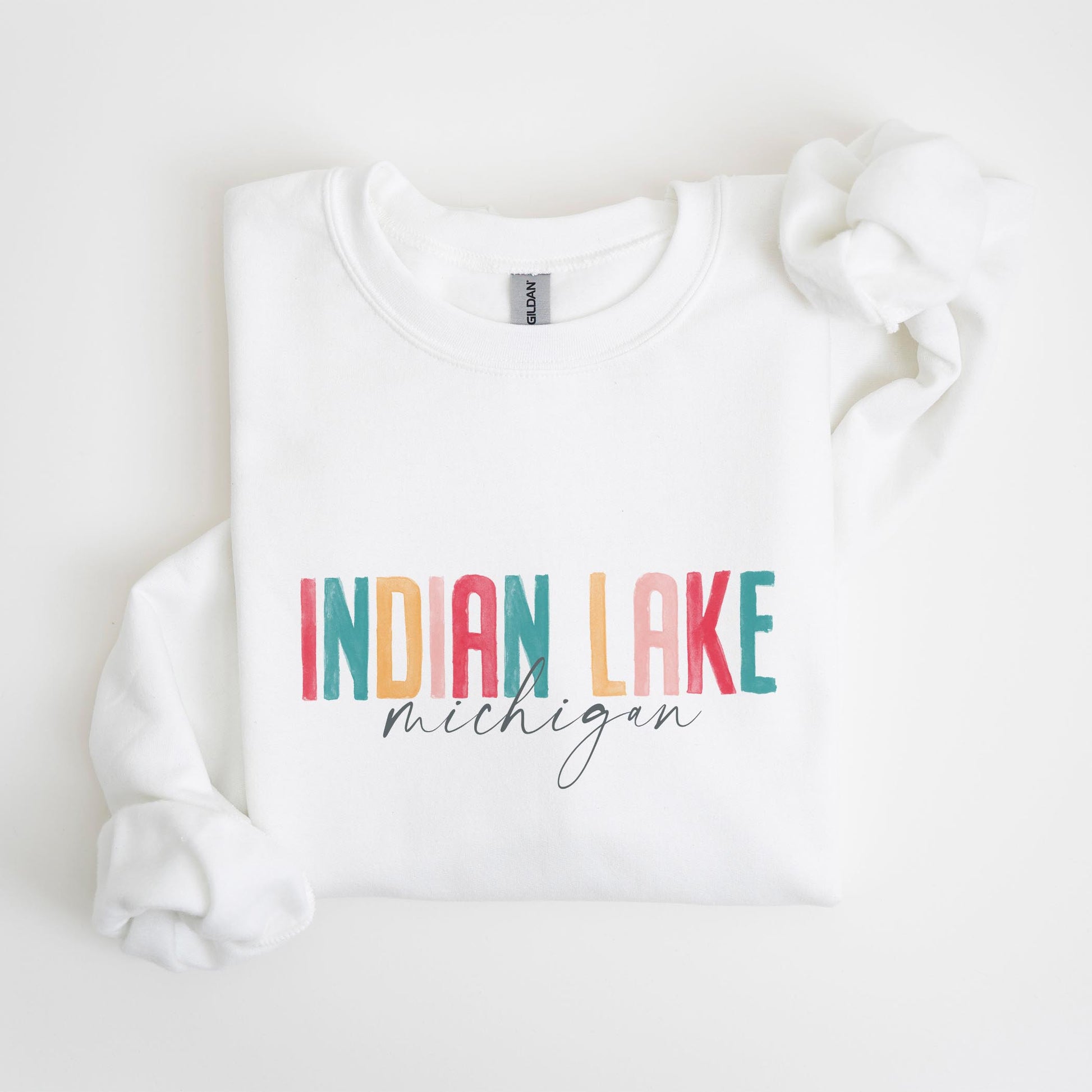 Gildan Sweatshirt White-Watercolor City Indian Lake Michigan -4