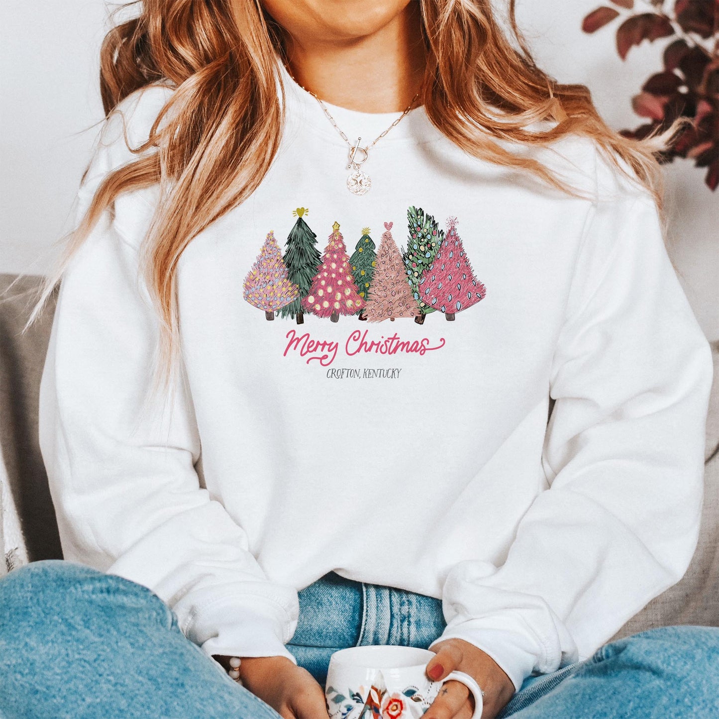 Gildan Sweatshirt White-Pink Trees Crofton Kentucky -1