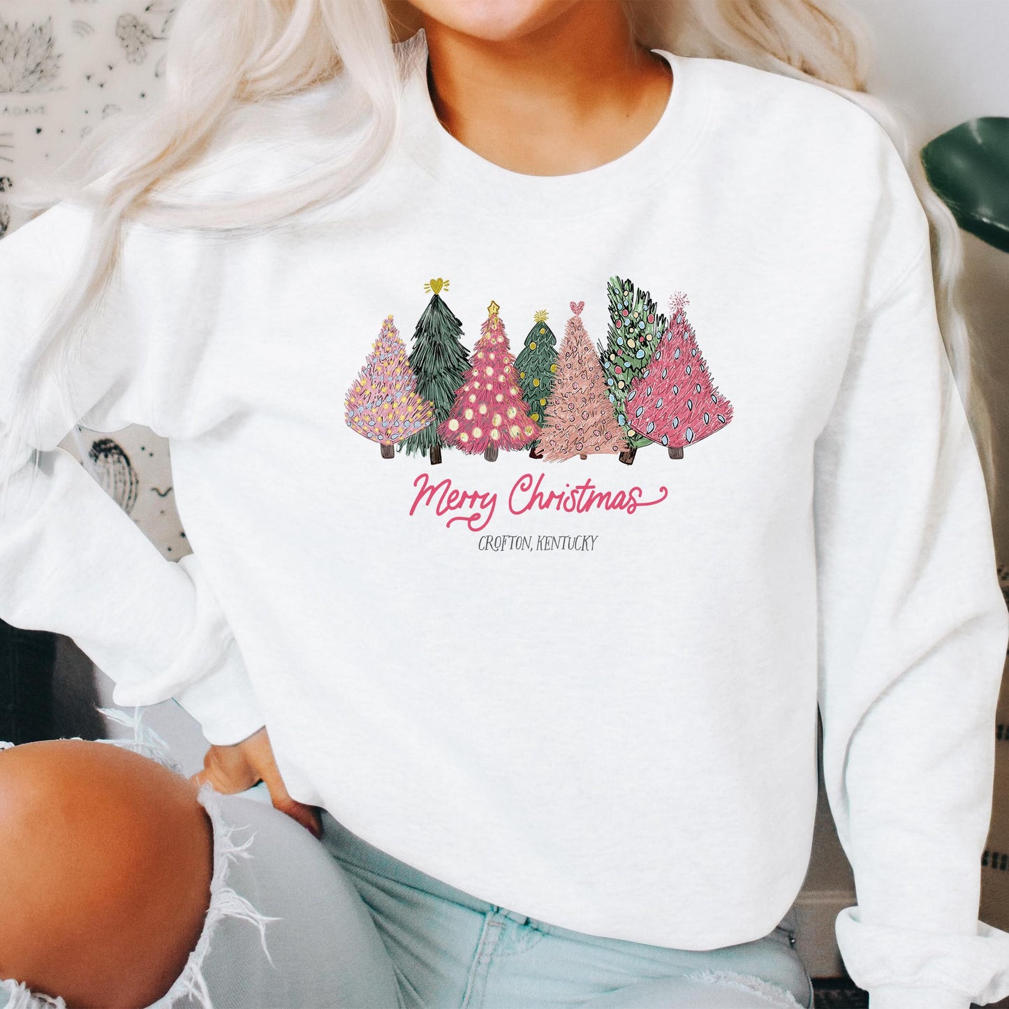 Gildan Sweatshirt White-Pink Trees Crofton Kentucky -2