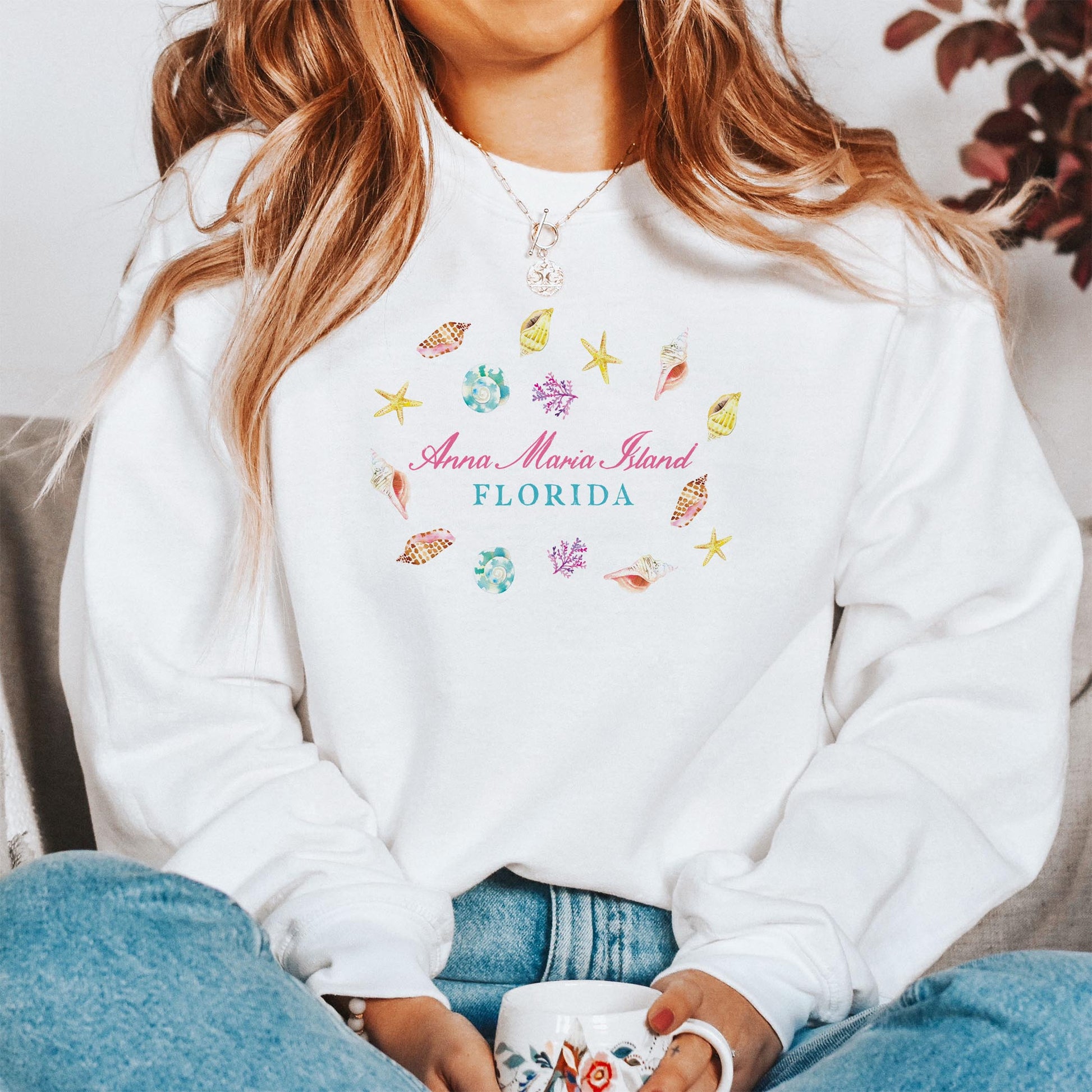 Gildan Sweatshirt White-Shells & Shoreline Anna Maria Island Florida -1