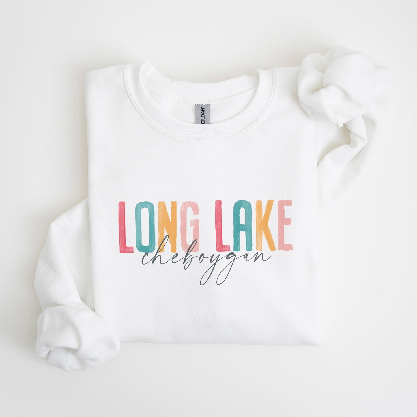Gildan Sweatshirt White-Watercolor City Long Lake Cheboygan -4
