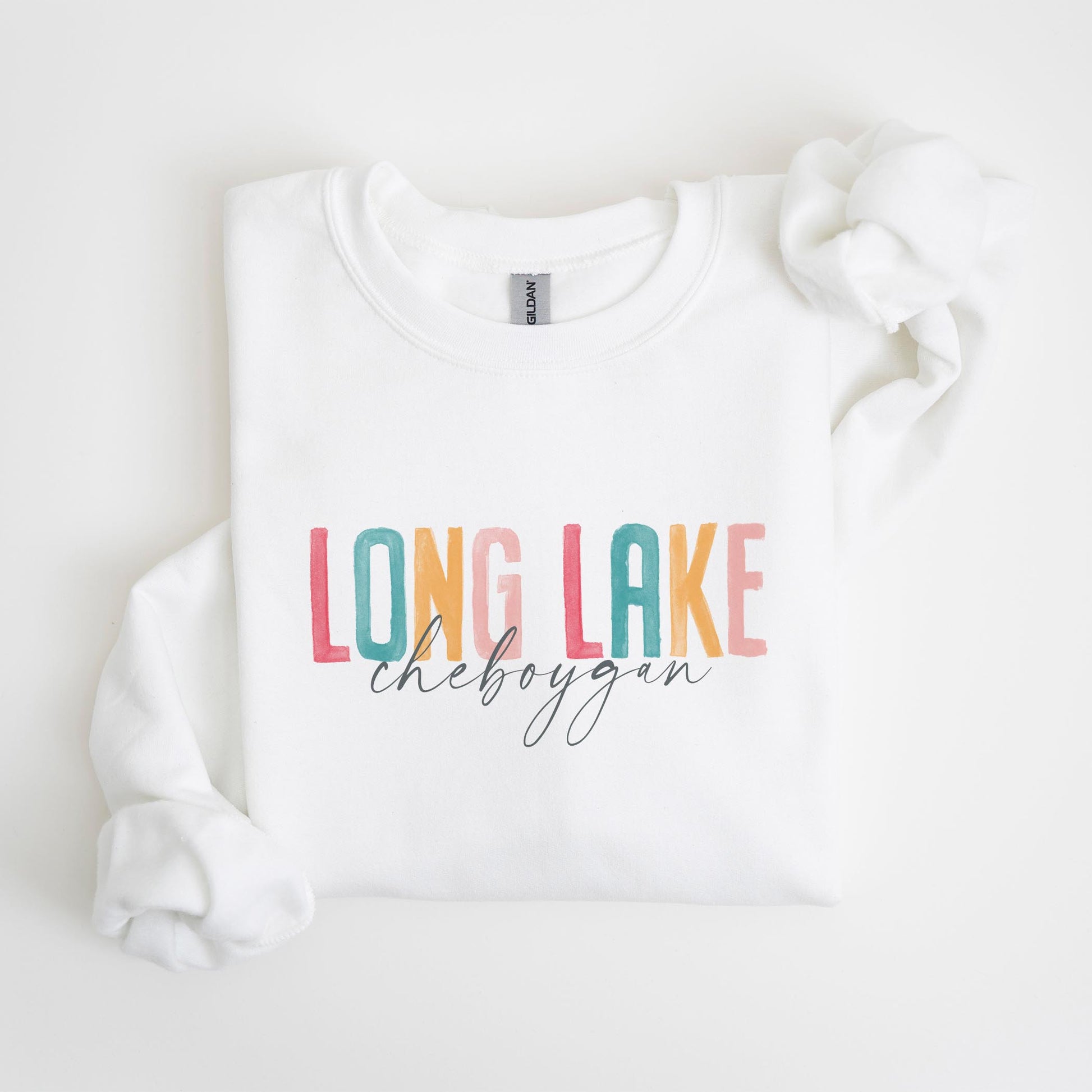 Gildan Sweatshirt White-Watercolor City Long Lake Cheboygan -4
