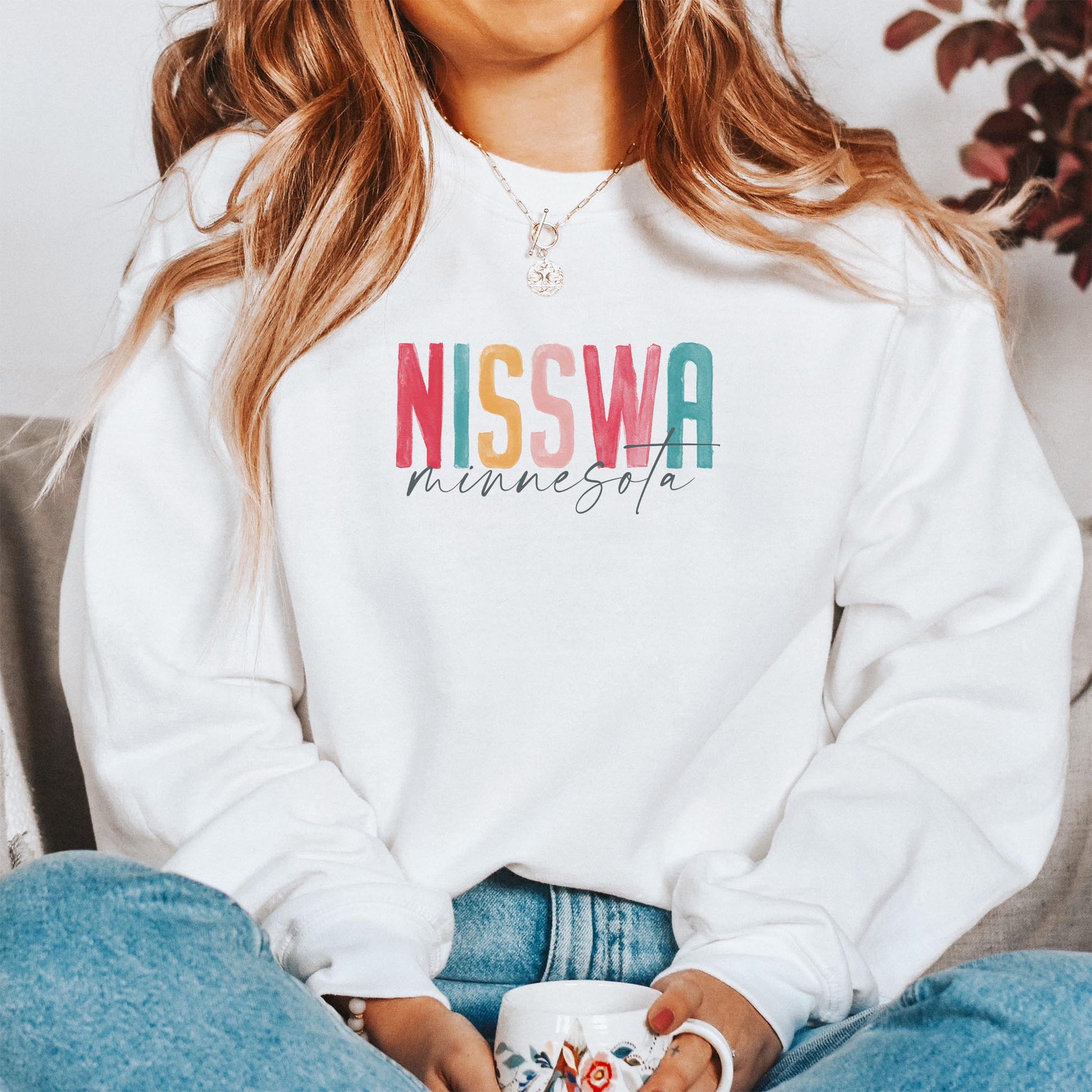 Gildan Sweatshirt White-Watercolor City Nisswa Minnesota -1
