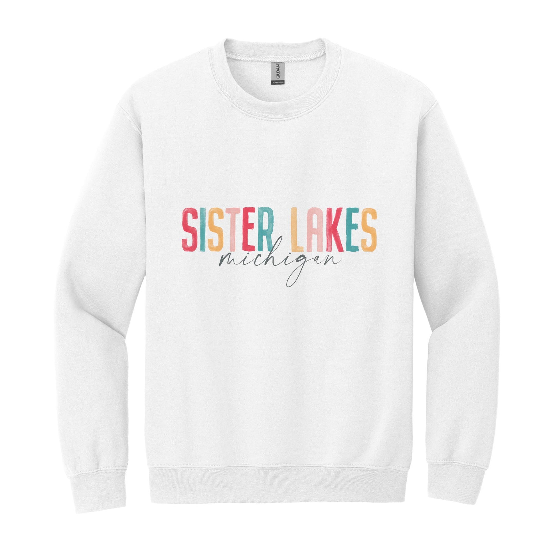 Gildan Sweatshirt White-Watercolor City Sister Lakes Michigan -0