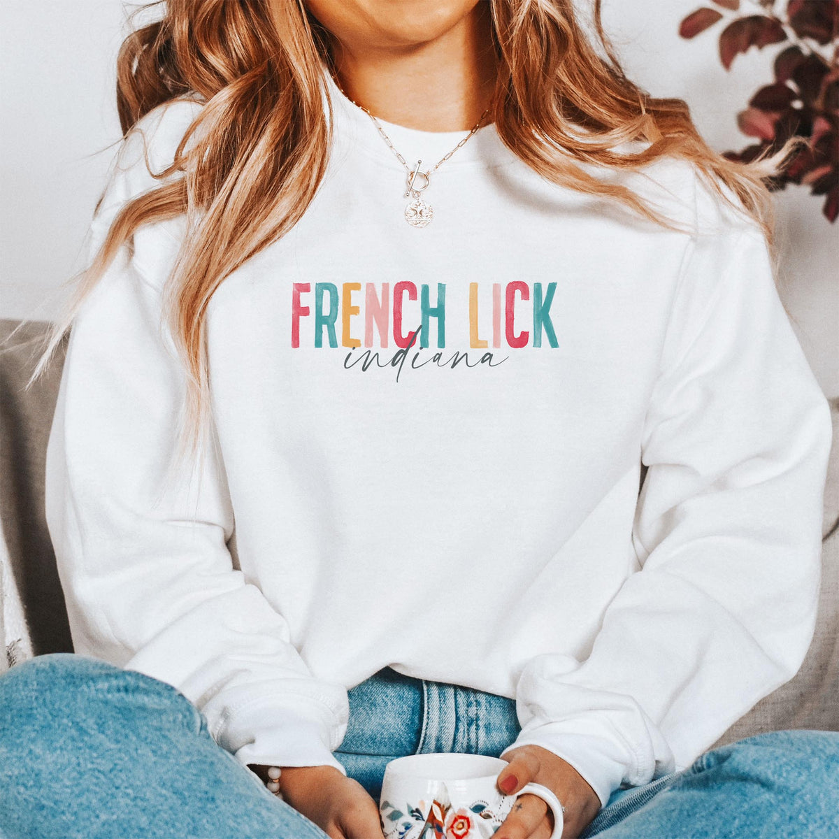 Gildan Sweatshirt White-Watercolor City French Lick Indiana -1