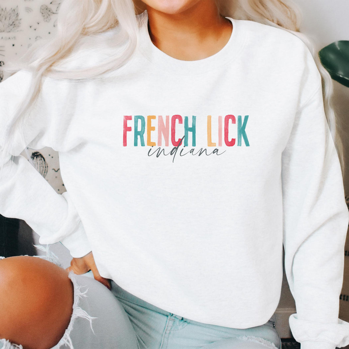 Gildan Sweatshirt White-Watercolor City French Lick Indiana -2