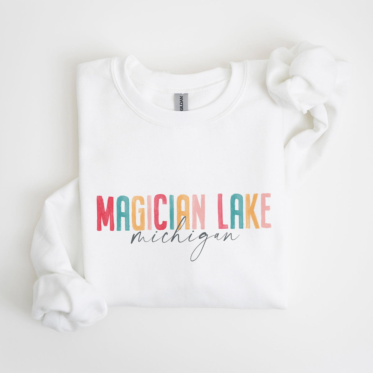 Gildan Sweatshirt White-Watercolor City Magician Lake Michigan -4