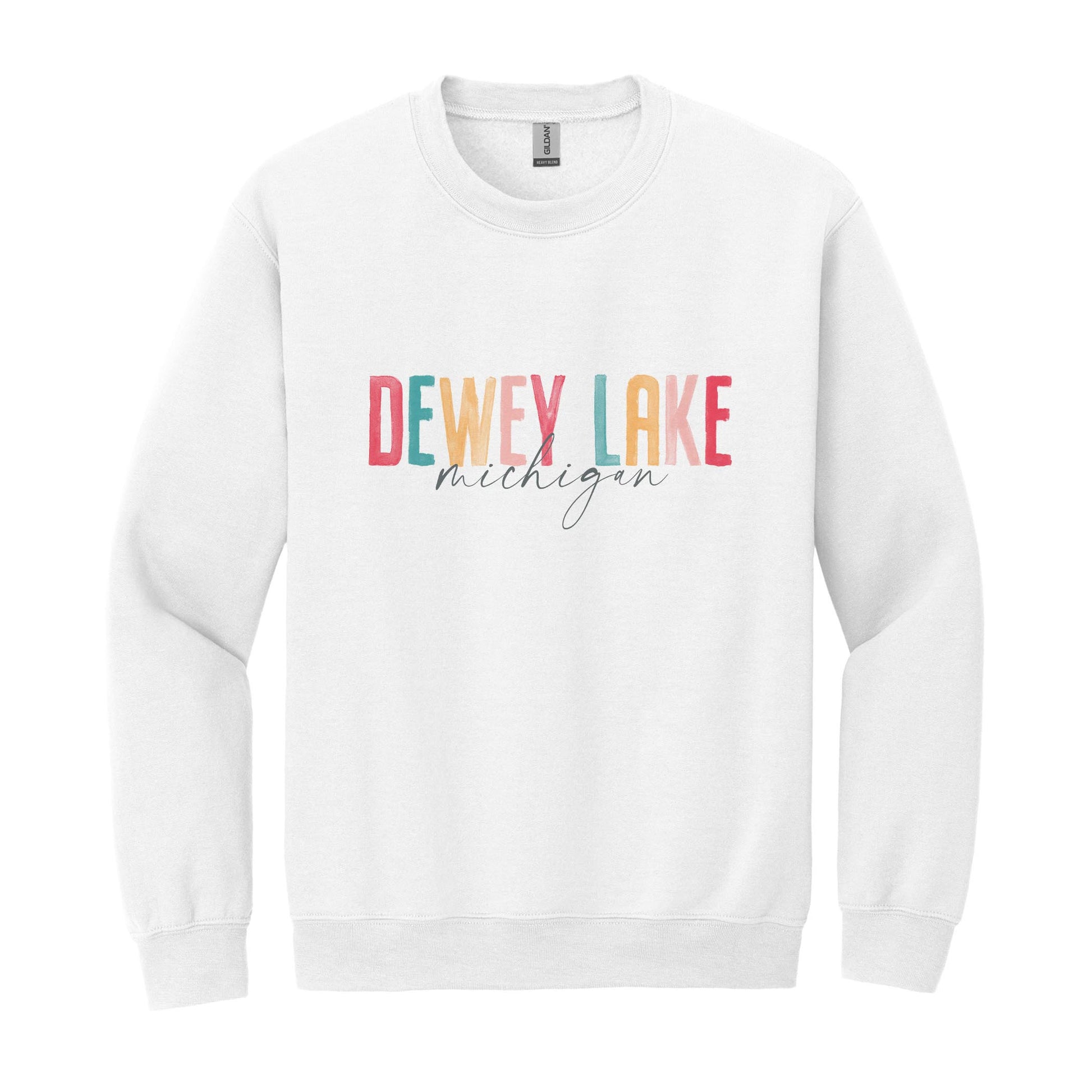 Gildan Sweatshirt White-Watercolor City Dewey Lake Michigan -0