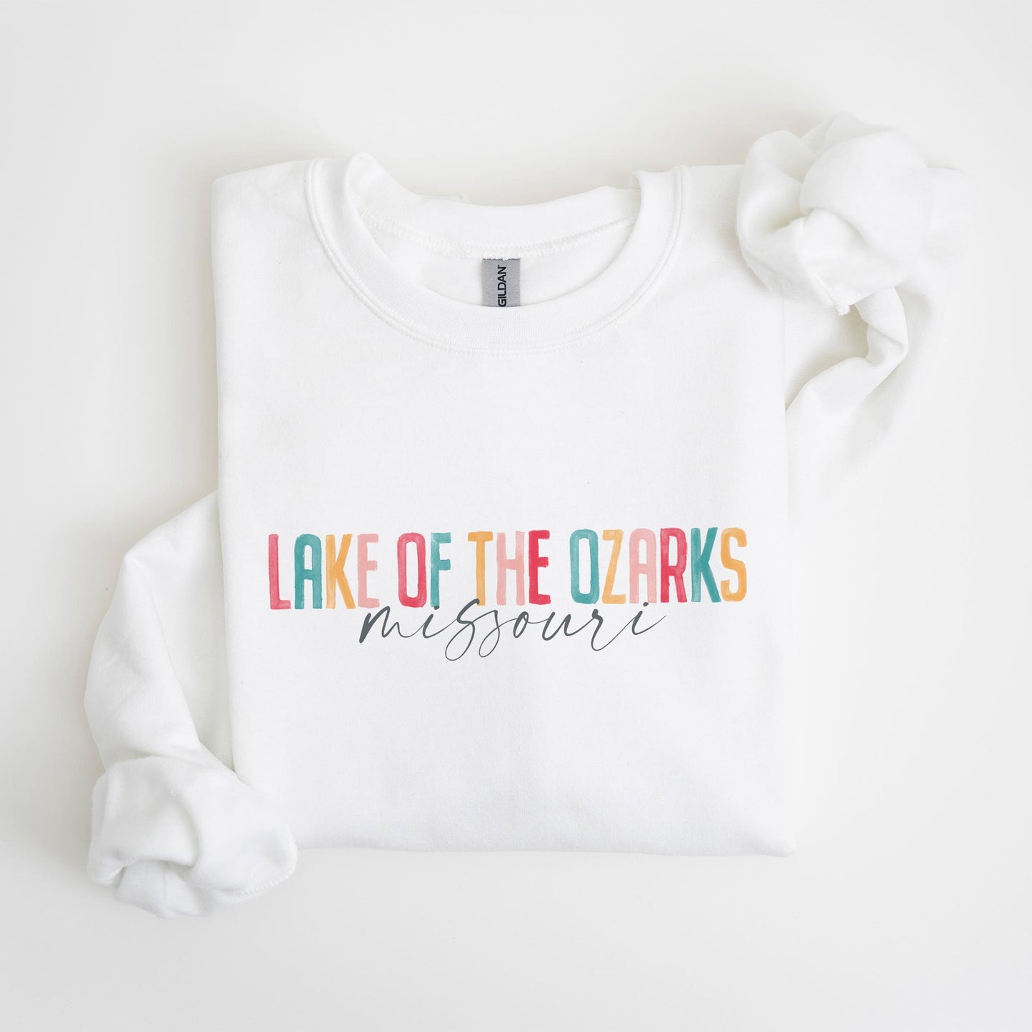 Gildan Sweatshirt White-Watercolor City Lake of the Ozarks Missouri -4