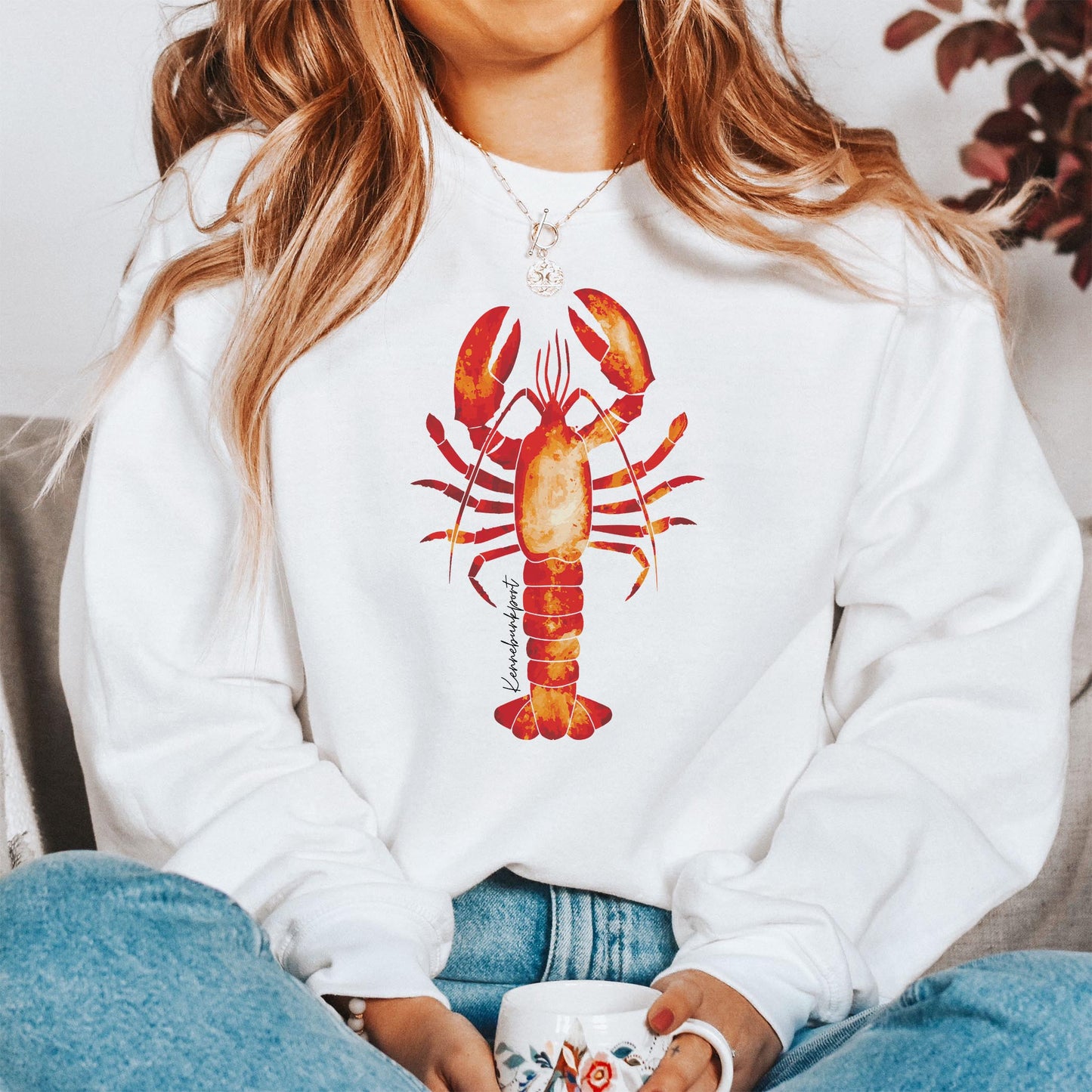 Gildan Sweatshirt White-Kennebunkport Maine Orange Lobster
