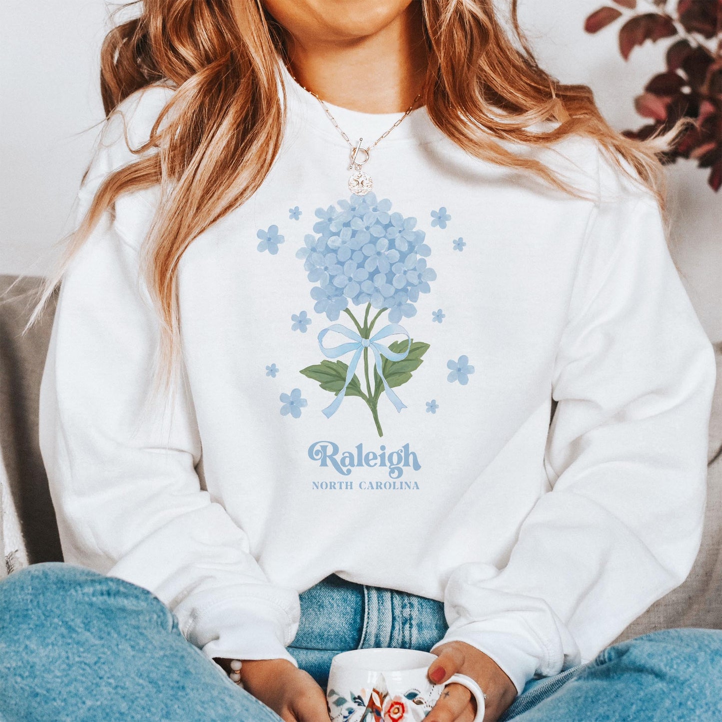 Gildan Sweatshirt White-Love+Local Hydrangea Cottage -1