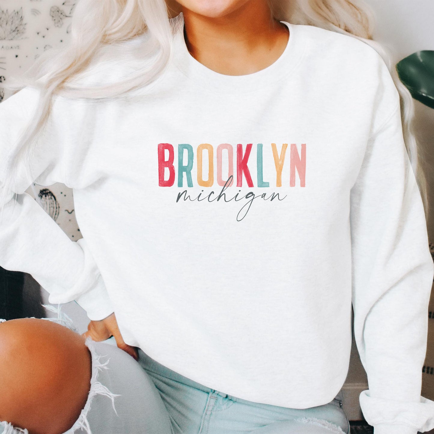 Gildan Sweatshirt White-Watercolor City Brooklyn Michigan -2