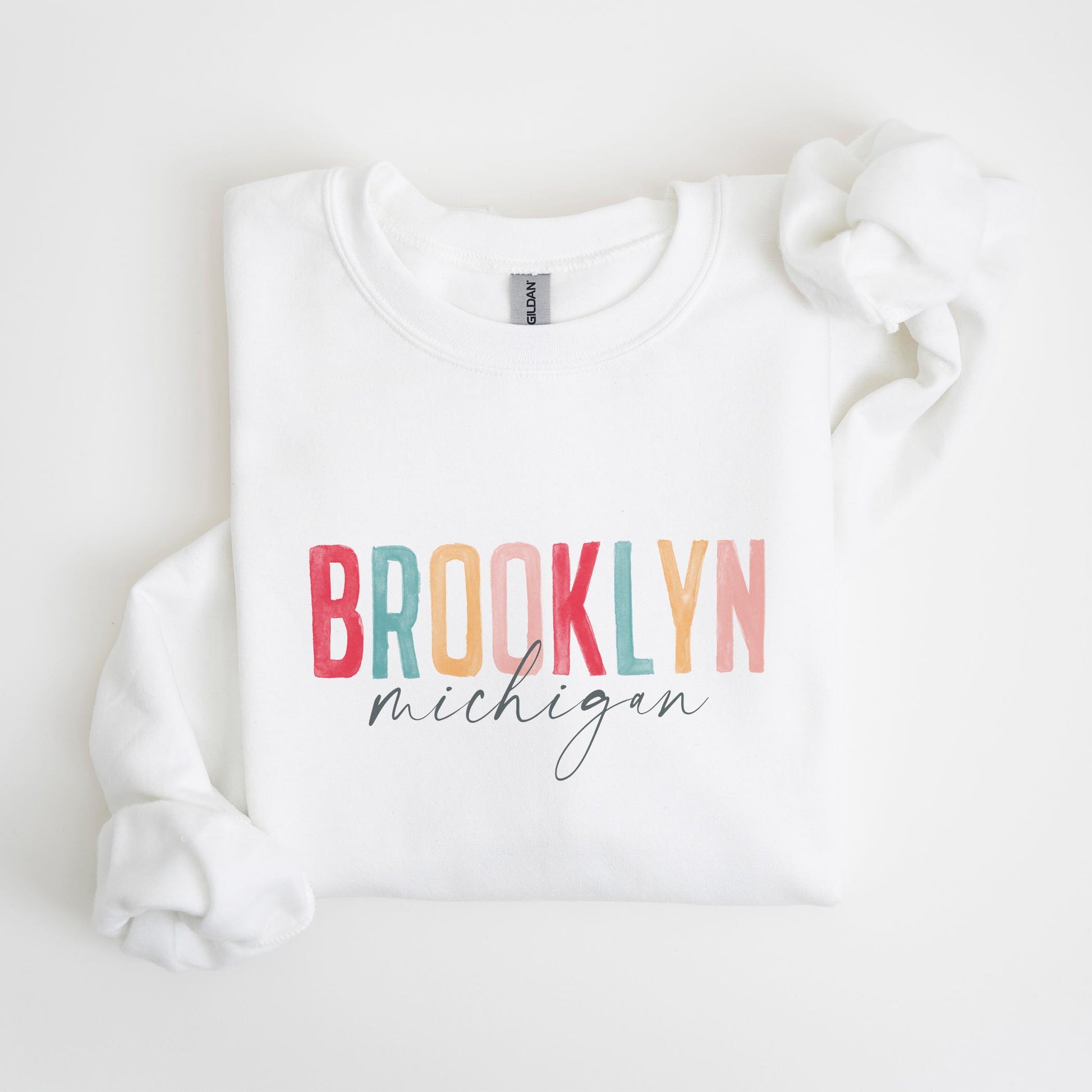 Gildan Sweatshirt White-Watercolor City Brooklyn Michigan -4
