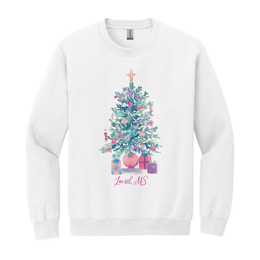 Gildan Sweatshirt White-Watercolor Sugar Plum Christmas Tree -0