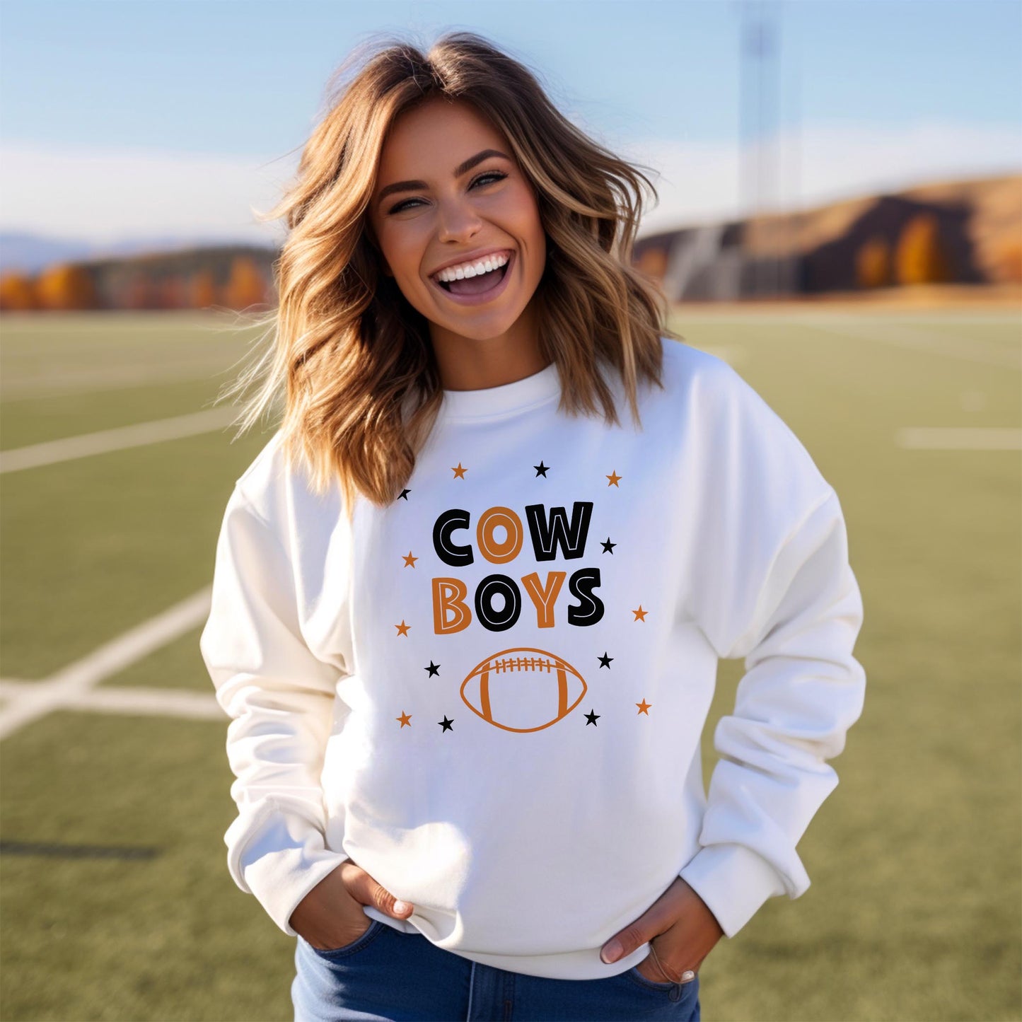 Gildan Sweatshirt White-Game Day Stars Cowboys Football Orange & Black